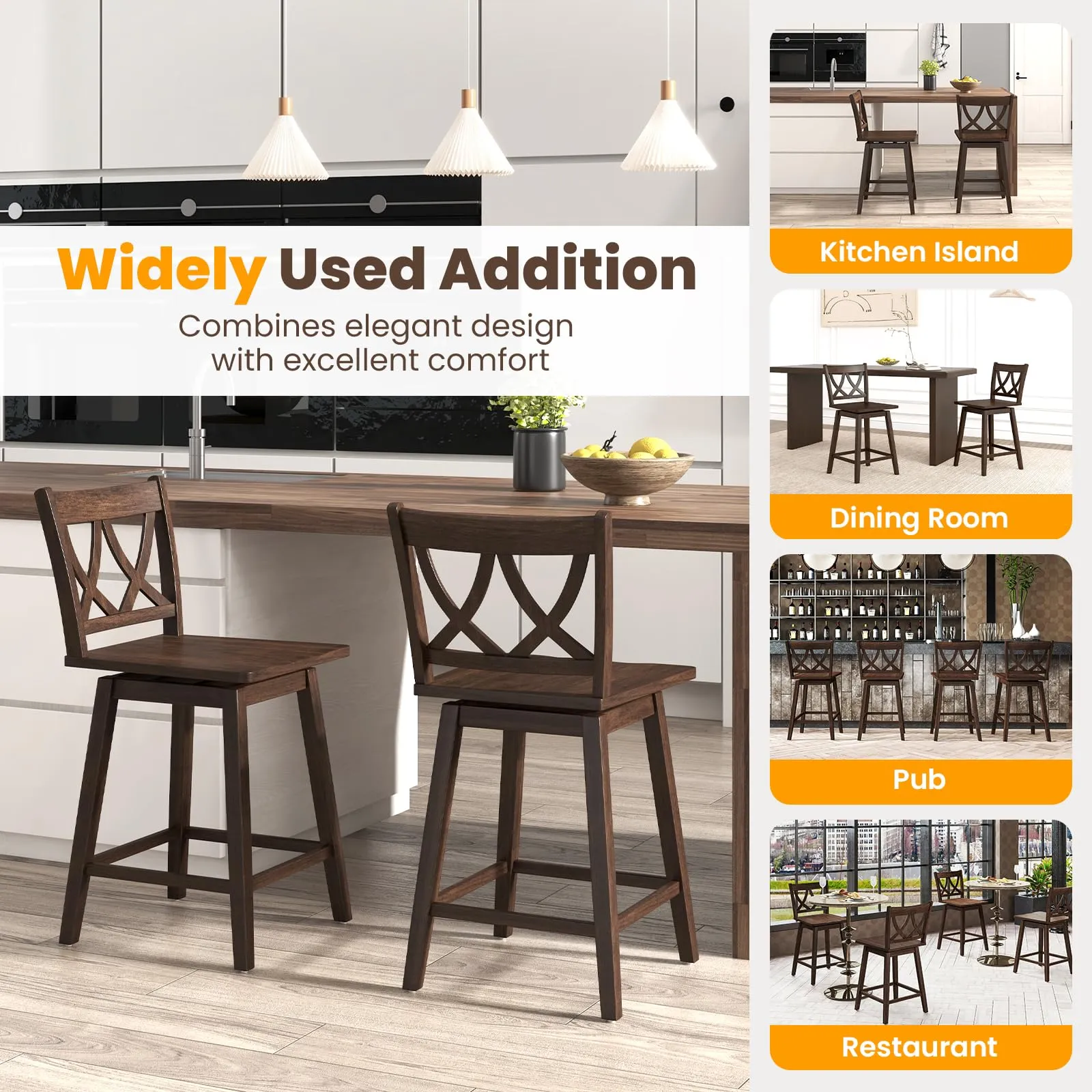 Giantex 24" Bar Stools Set of 2/4, Swivel Wooden Bar Chairs with Rubber Wood Frame, Dark Grey
