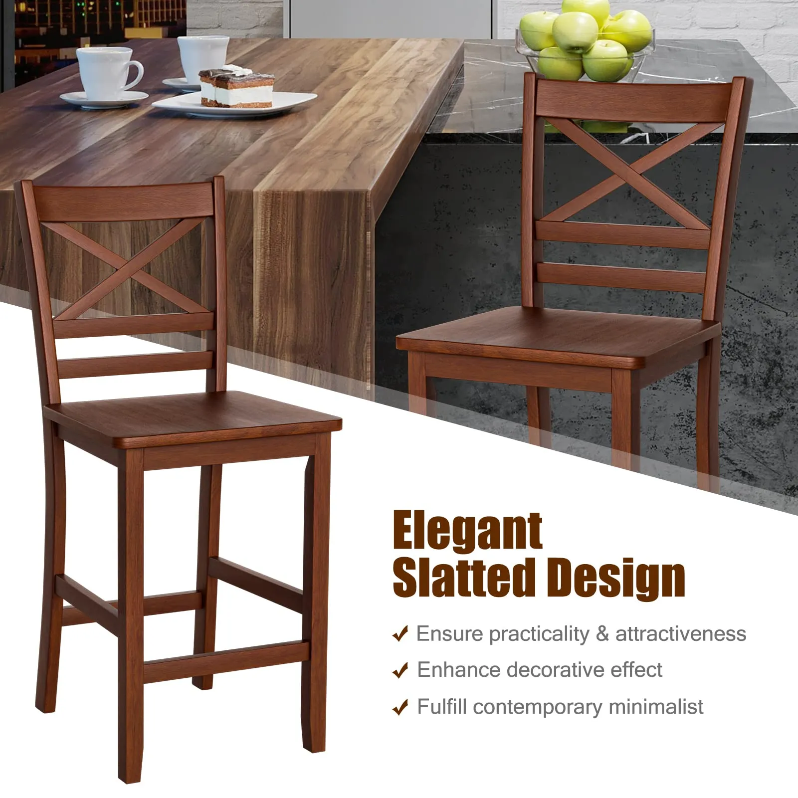 Giantex 25'' Antique Kitchen Counter Height Chairs with Wooden X-Shaped Backrest & Rubber Wood Legs
