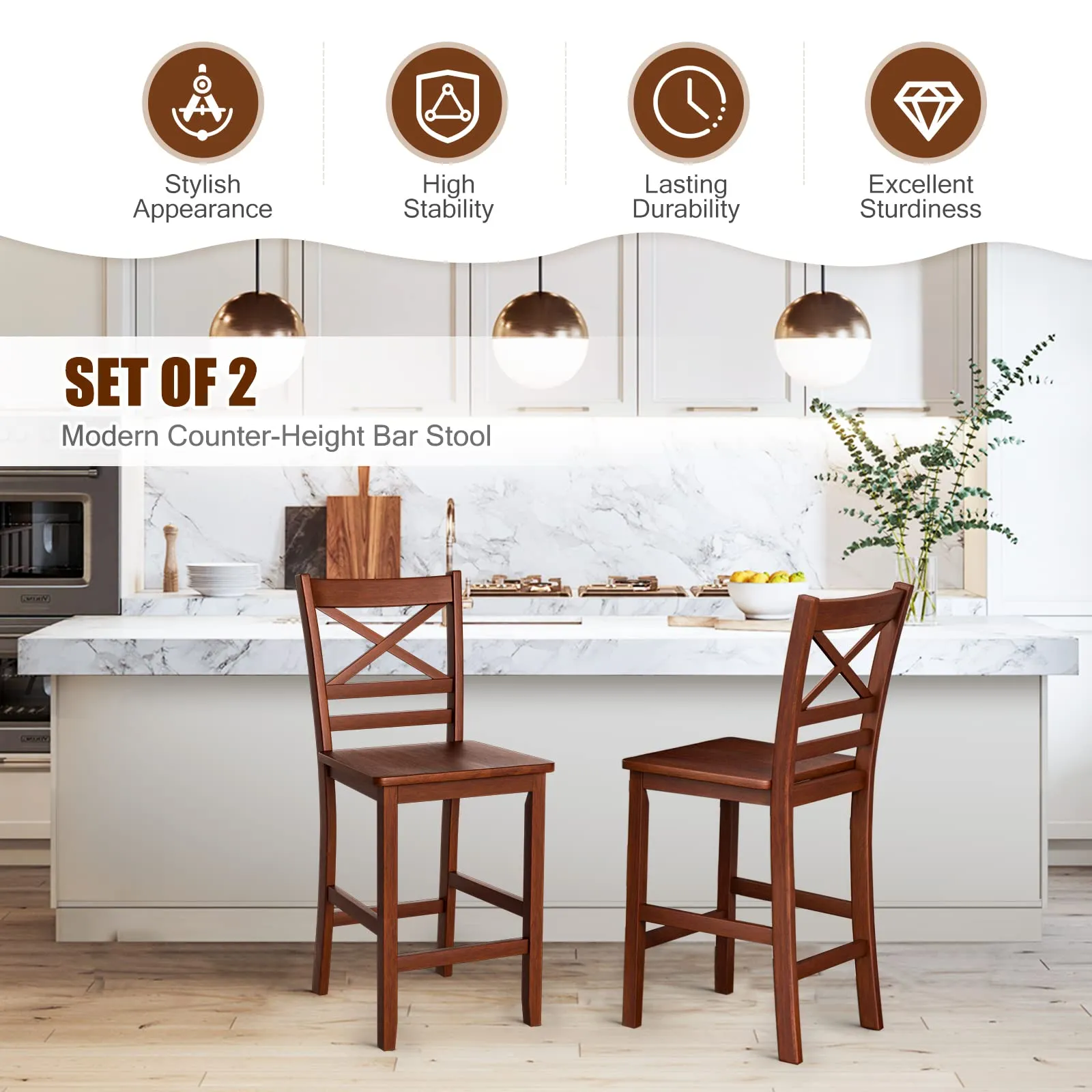 Giantex 25'' Antique Kitchen Counter Height Chairs with Wooden X-Shaped Backrest & Rubber Wood Legs