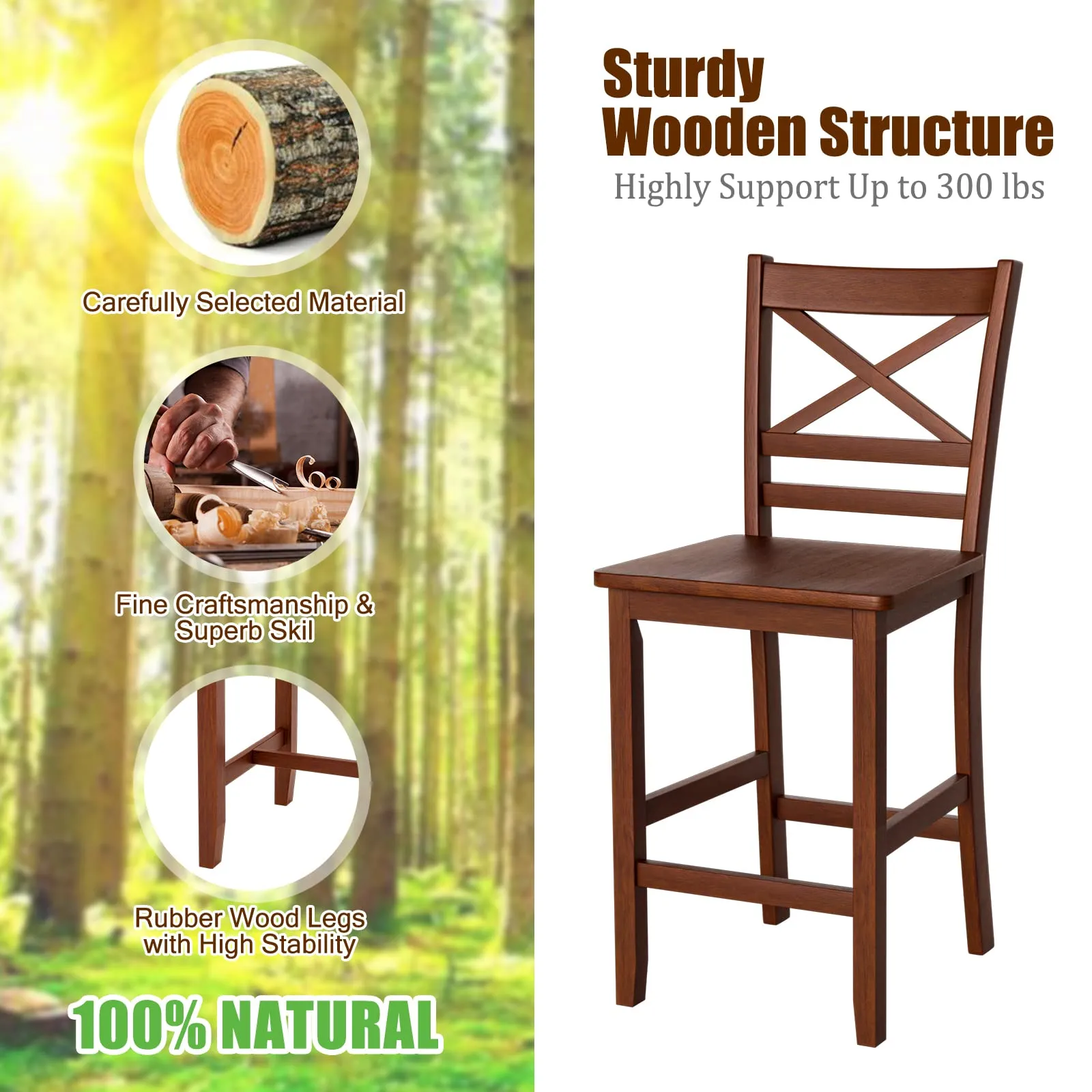 Giantex 25'' Antique Kitchen Counter Height Chairs with Wooden X-Shaped Backrest & Rubber Wood Legs