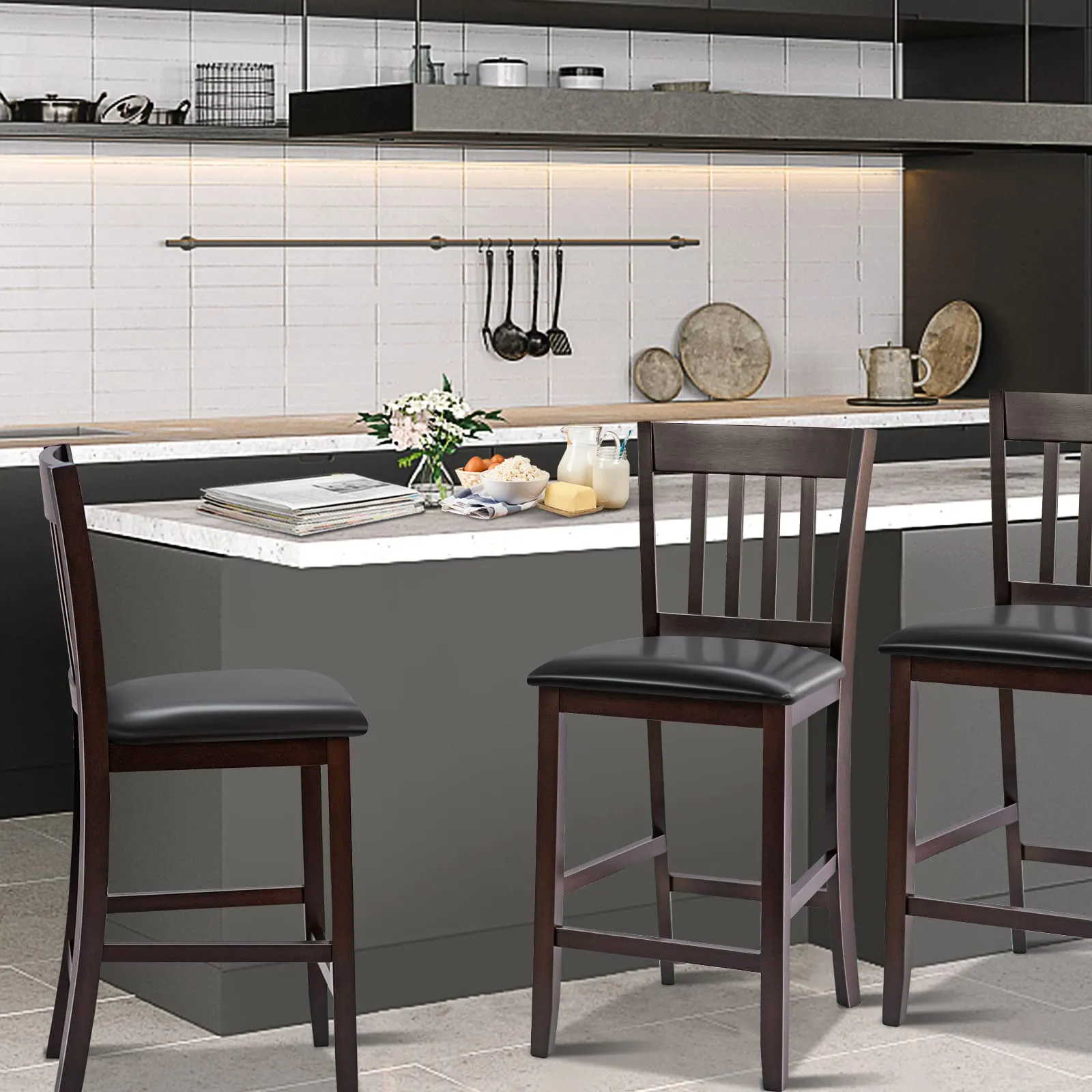 Giantex 25 Counter Height Pub Chairs with Rubber Wood Legs, Armless Bar Chairs with Elastic Cushion & PU Cover for Kitchen