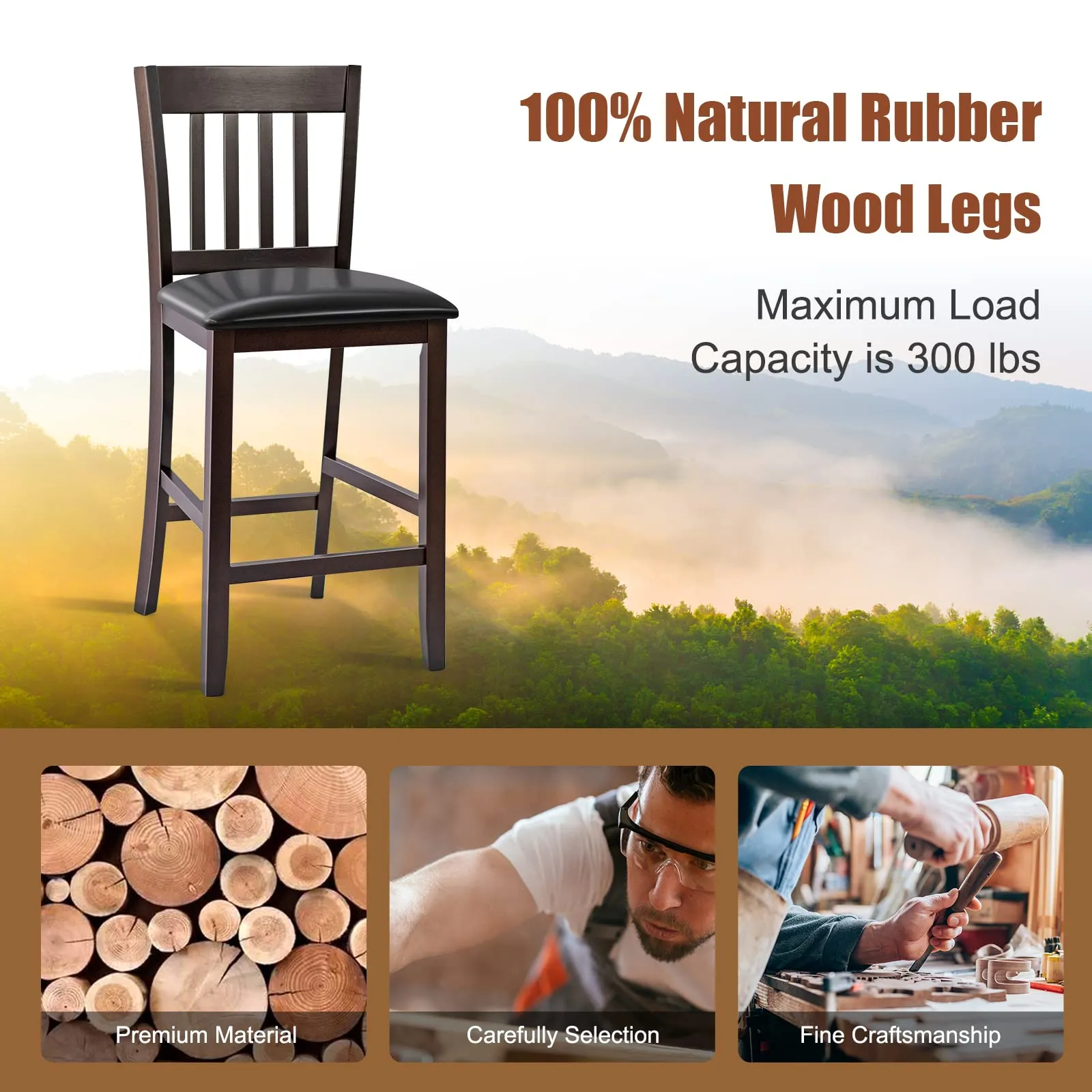Giantex 25 Counter Height Pub Chairs with Rubber Wood Legs, Armless Bar Chairs with Elastic Cushion & PU Cover for Kitchen
