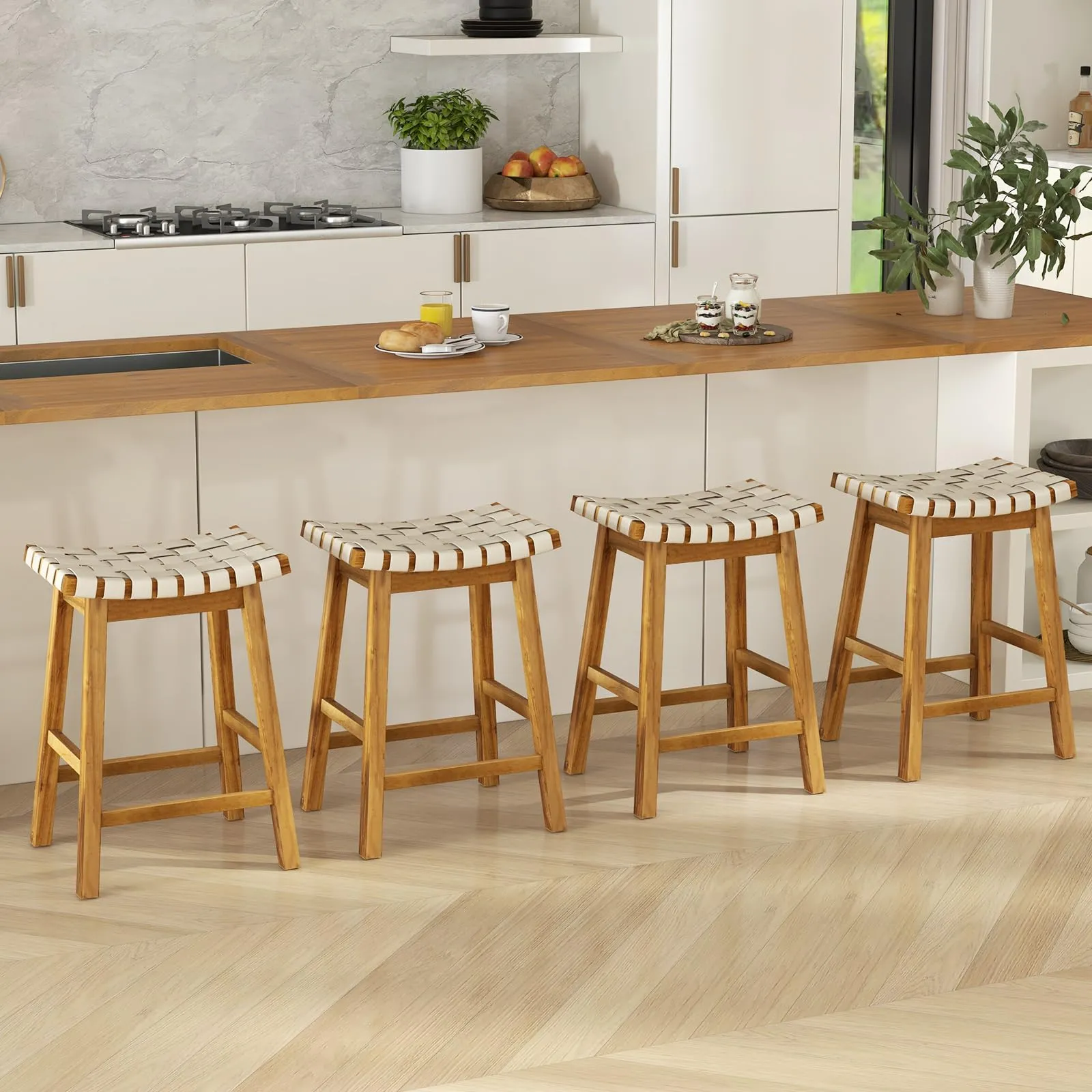 Giantex 25.5/31" Woven Bar Stools Set of 2/4, Faux PU Leather Counter Height Saddle Stools with Woven Curved Seat