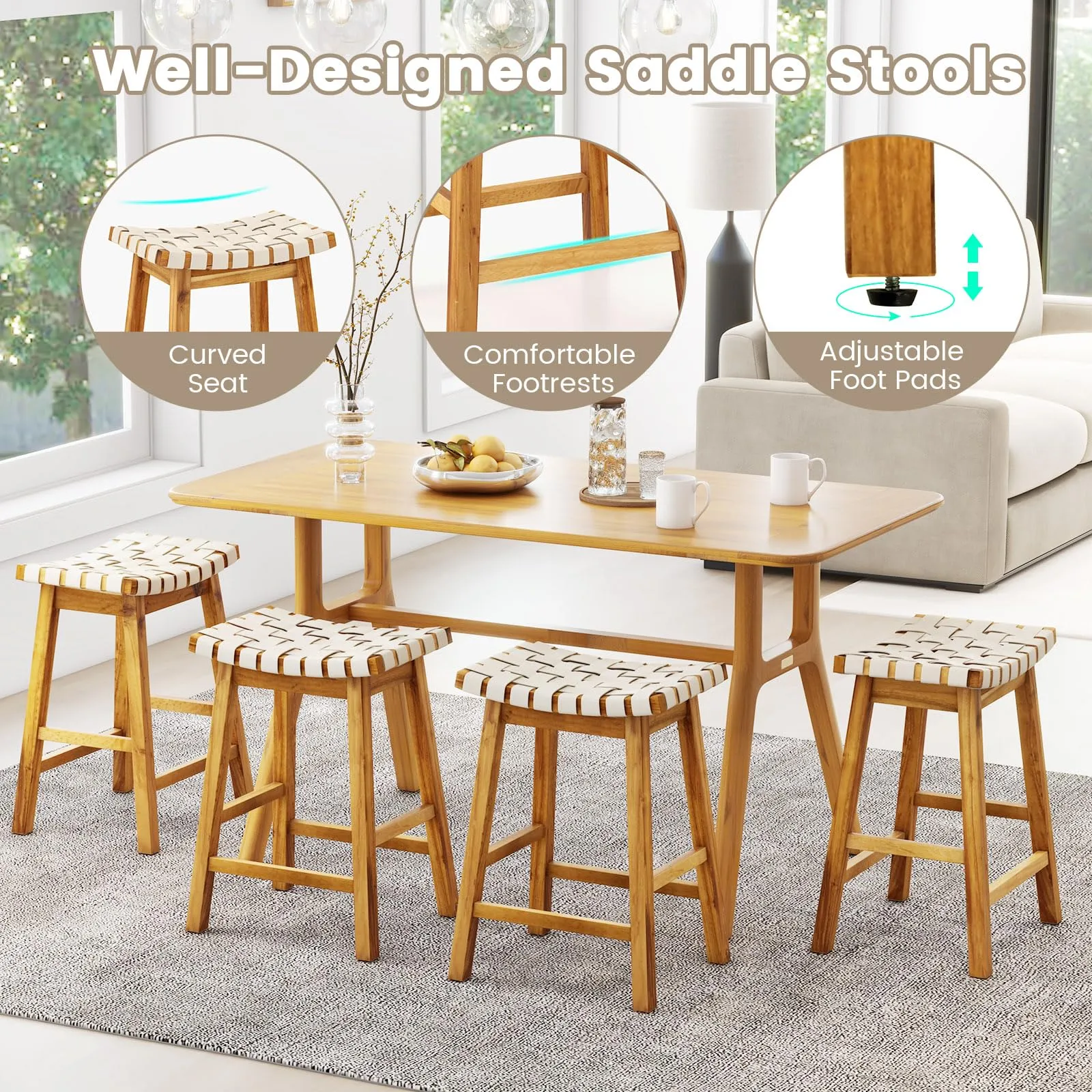 Giantex 25.5/31" Woven Bar Stools Set of 2/4, Faux PU Leather Counter Height Saddle Stools with Woven Curved Seat