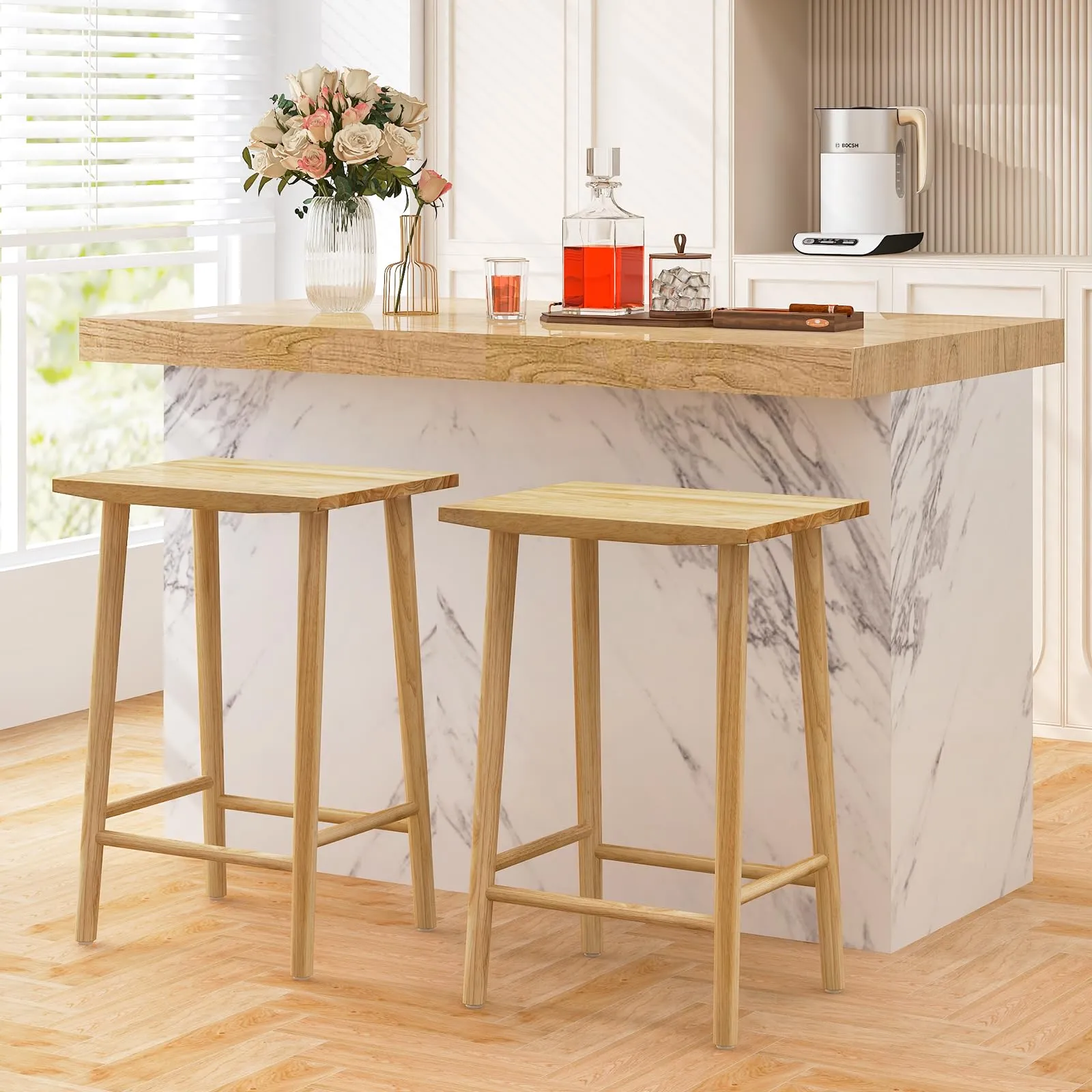 Giantex 25.5" Wooden Bar Stools Set of 2/4, Farmhouse Backless Counter Height Bar Stools with Footrest