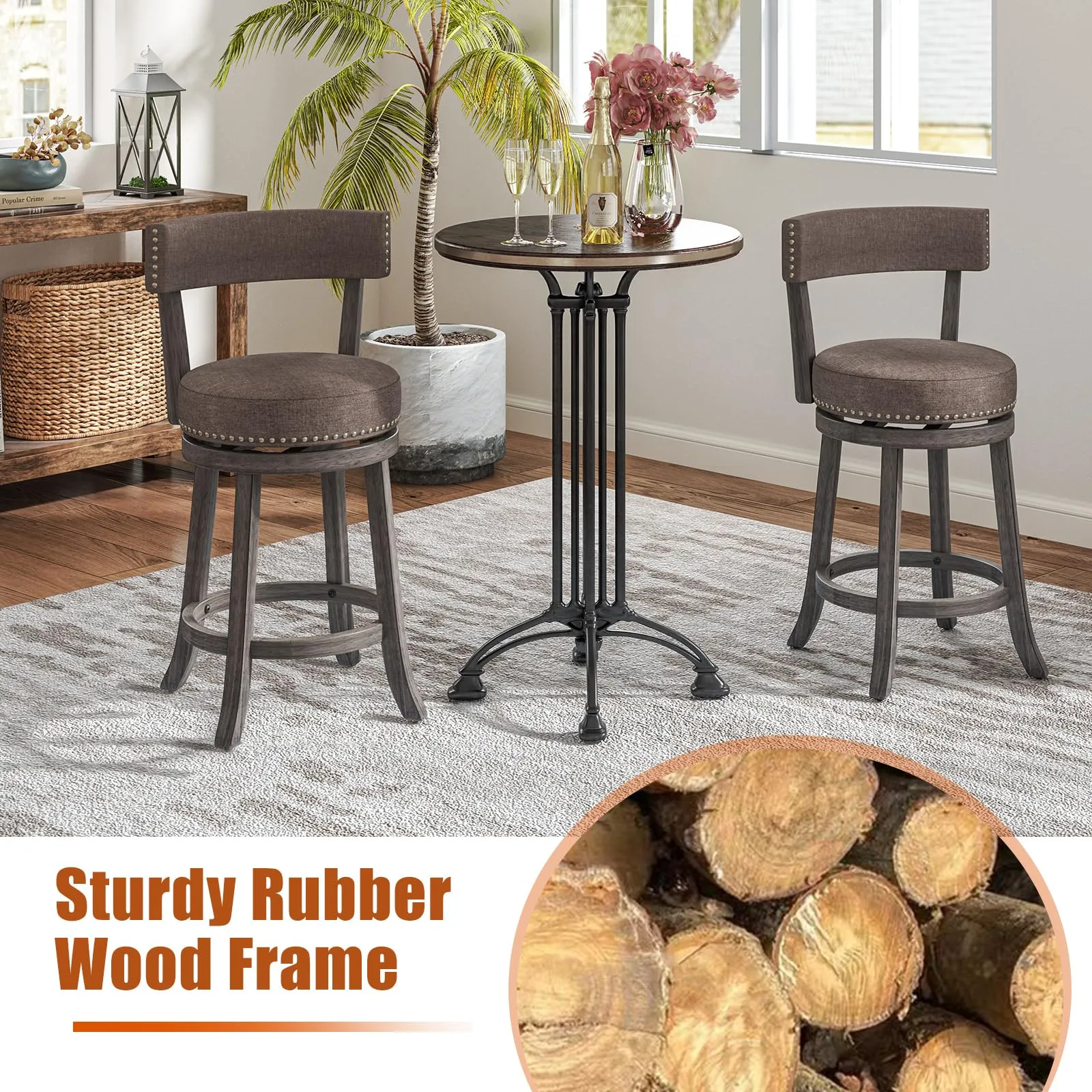 Giantex 26" Bar Stools Set, Swivel Counter Height Bar Chairs with Footrest, Rubber Wood Frame