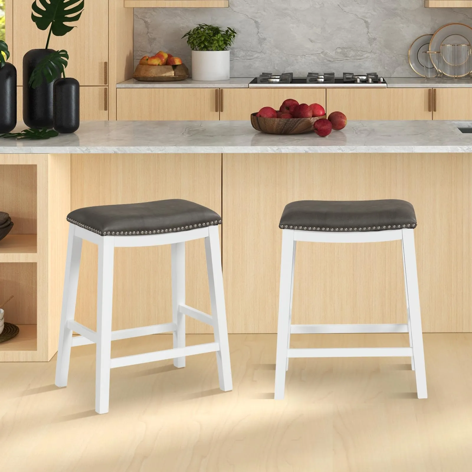 Giantex 26" Counter Height Bar Stools Set of 2, Faux PVC Leather Farmhouse Barstools w/Padded Seat