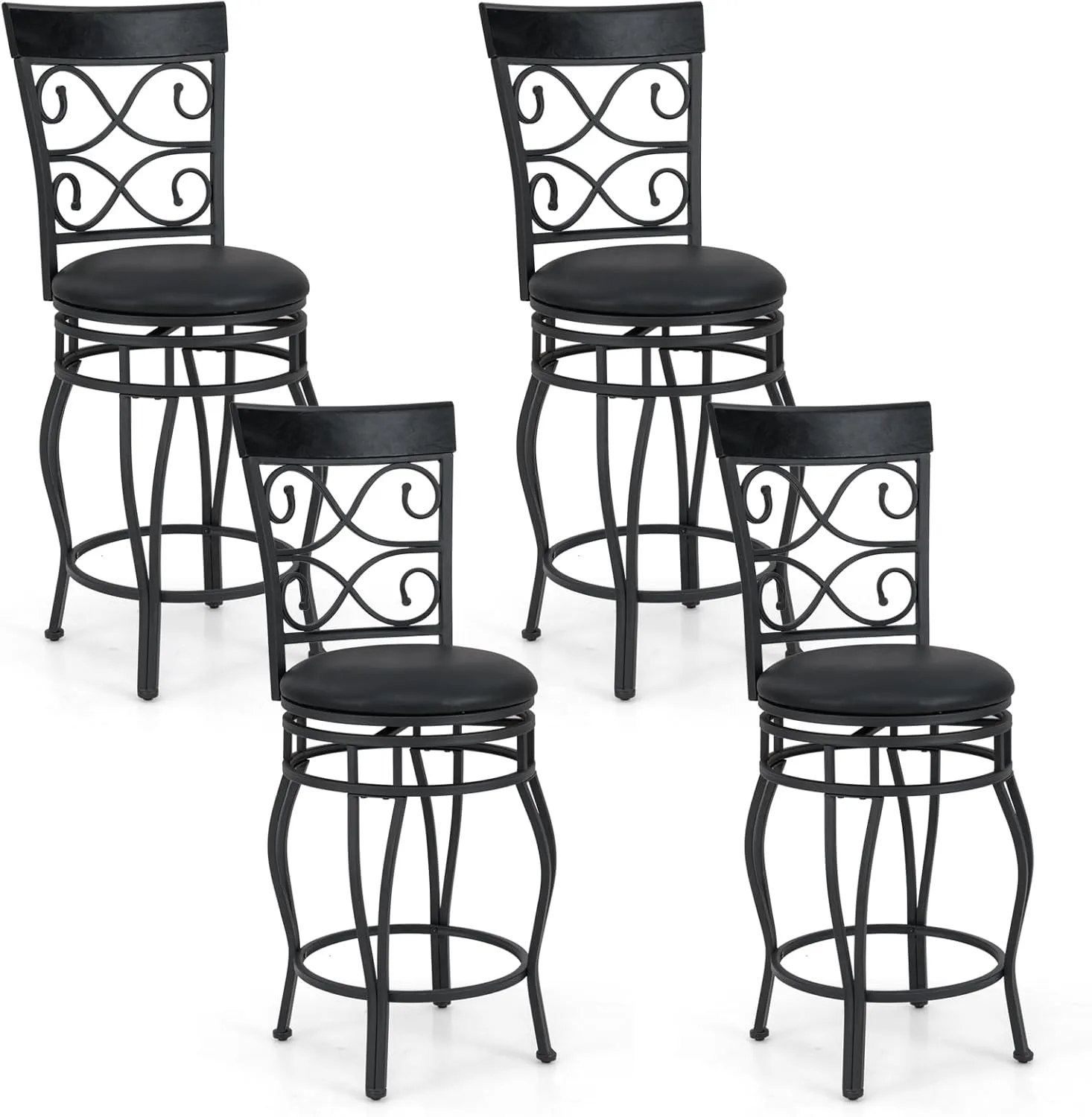 Giantex 26" Swivel Bar Stools Set of 2/4, Counter Height Bar Stools with Back, Upholstered PU Leather Seat, Black