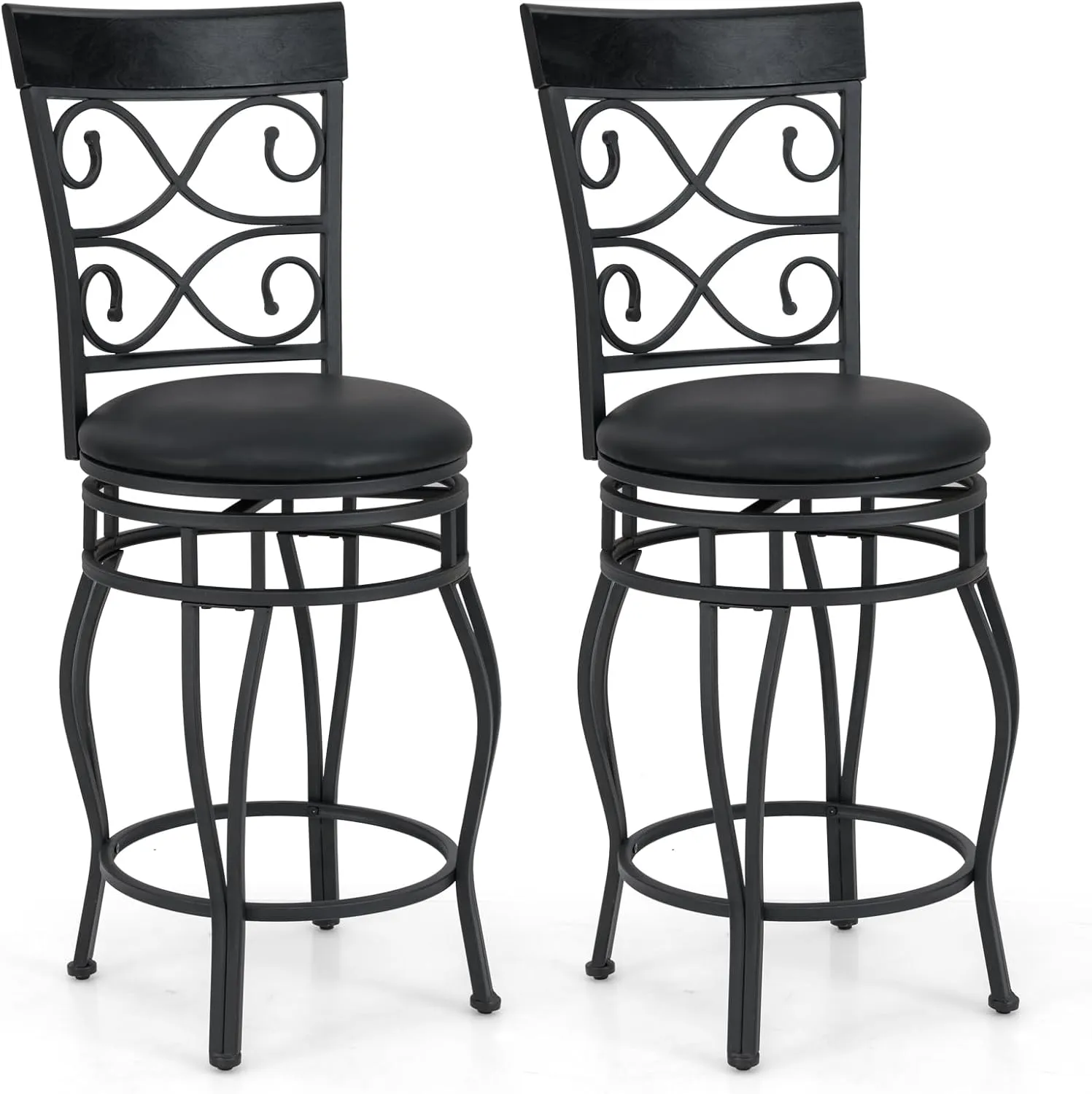 Giantex 26" Swivel Bar Stools Set of 2/4, Counter Height Bar Stools with Back, Upholstered PU Leather Seat, Black kitchen barstool, adjustable bar stool