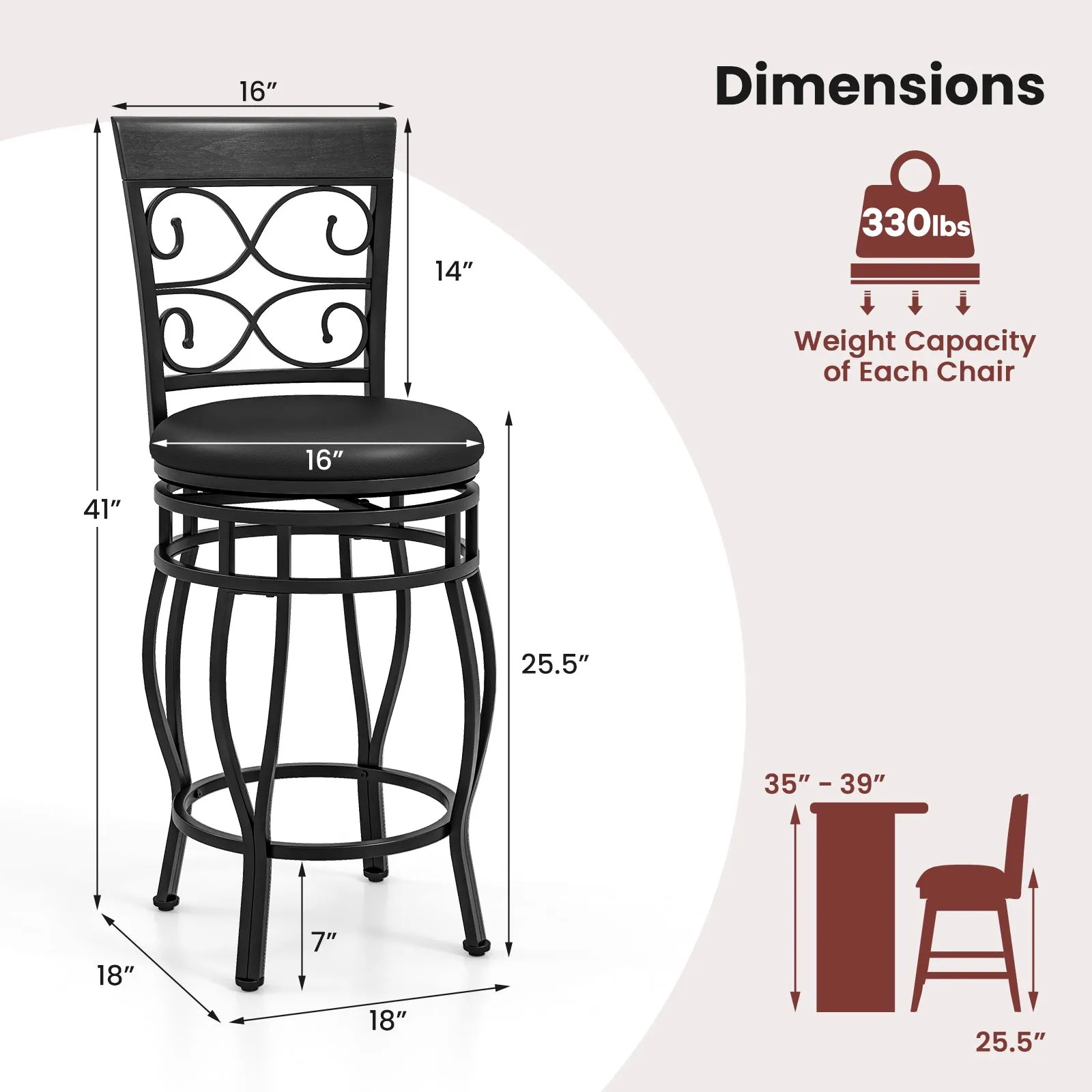 Giantex 26" Swivel Bar Stools Set of 2/4, Counter Height Bar Stools with Back, Upholstered PU Leather Seat, Black