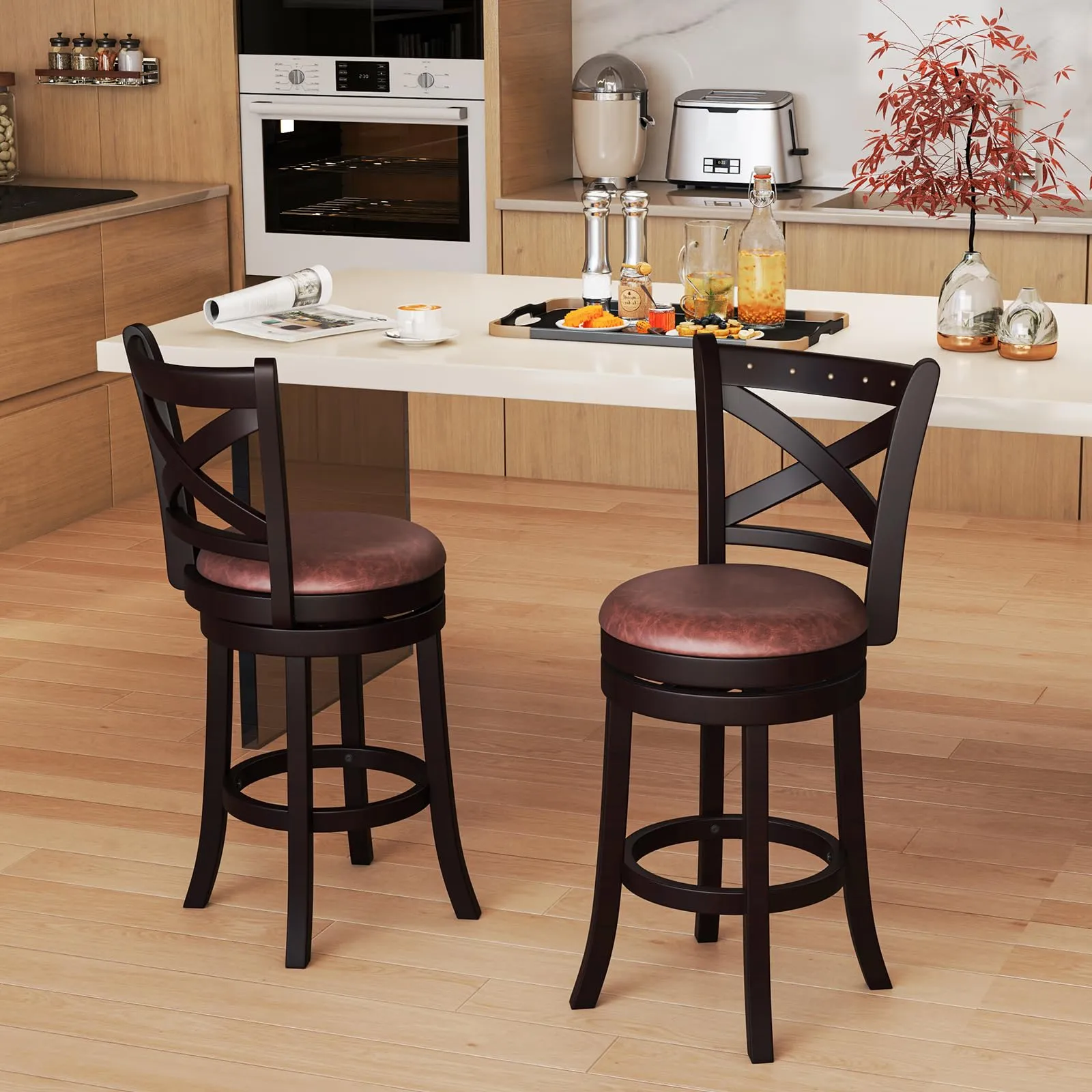Giantex 26" Swivel Bar Stools with Backs & Upholstered Faux Leather Seat