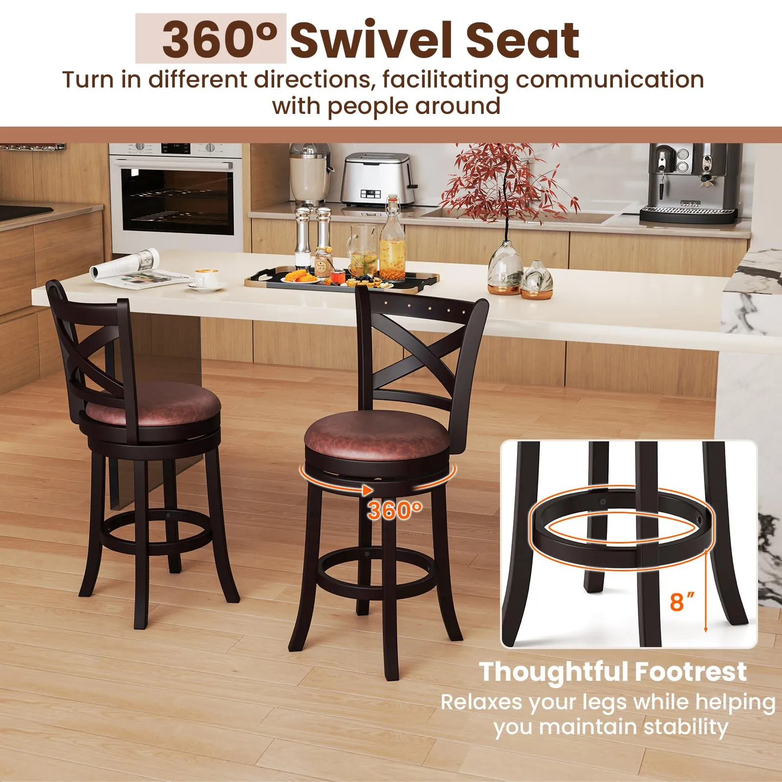 Giantex 26" Swivel Bar Stools with Backs & Upholstered Faux Leather Seat