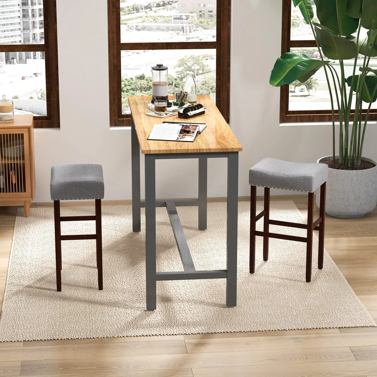 Giantex 29.5" Bar Height Bar Stools Set of 4 - Backless Saddle Barstools with Nailhead Linen Foam Seat