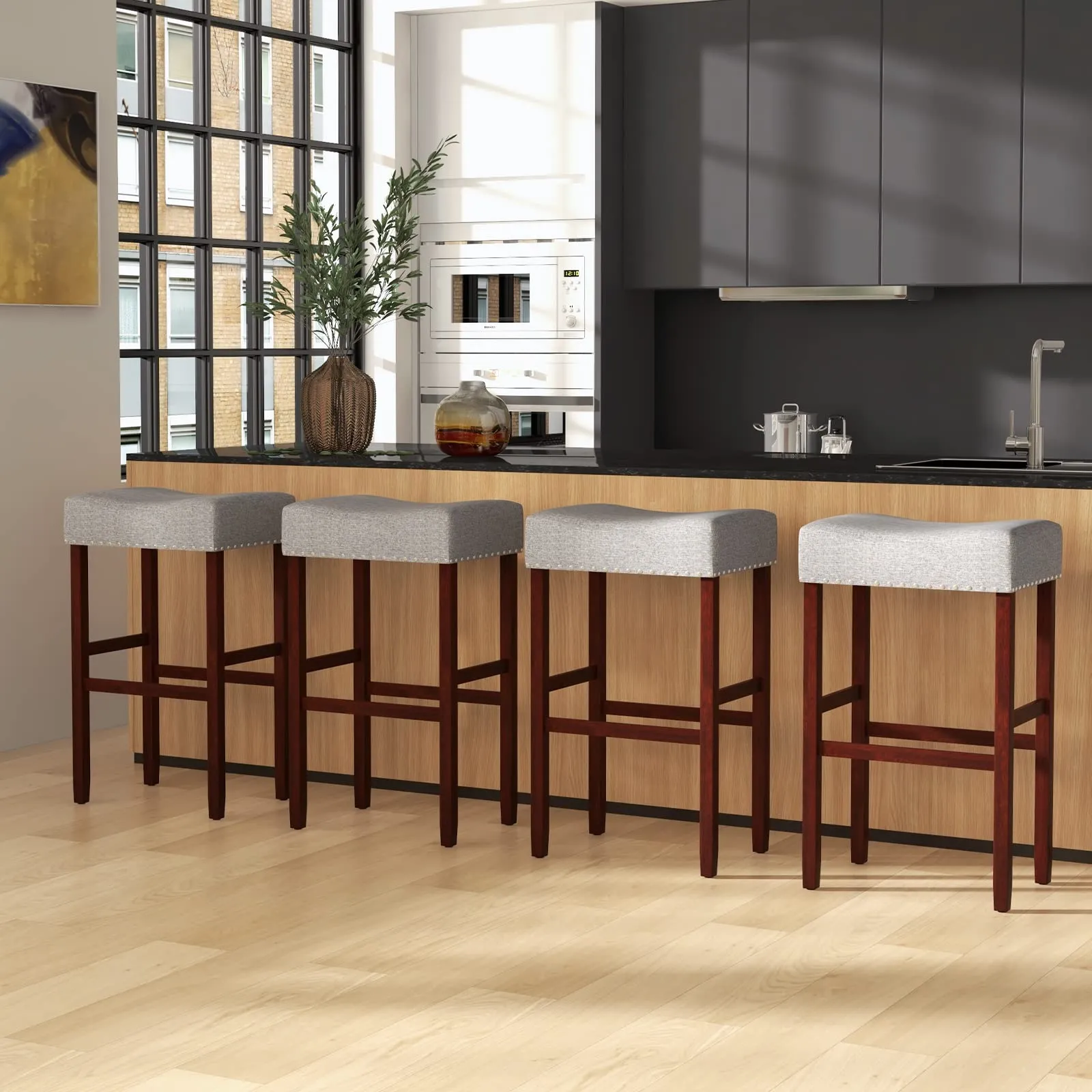 Giantex 29.5" Bar Height Bar Stools Set of 4 - Backless Saddle Barstools with Nailhead Linen Foam Seat