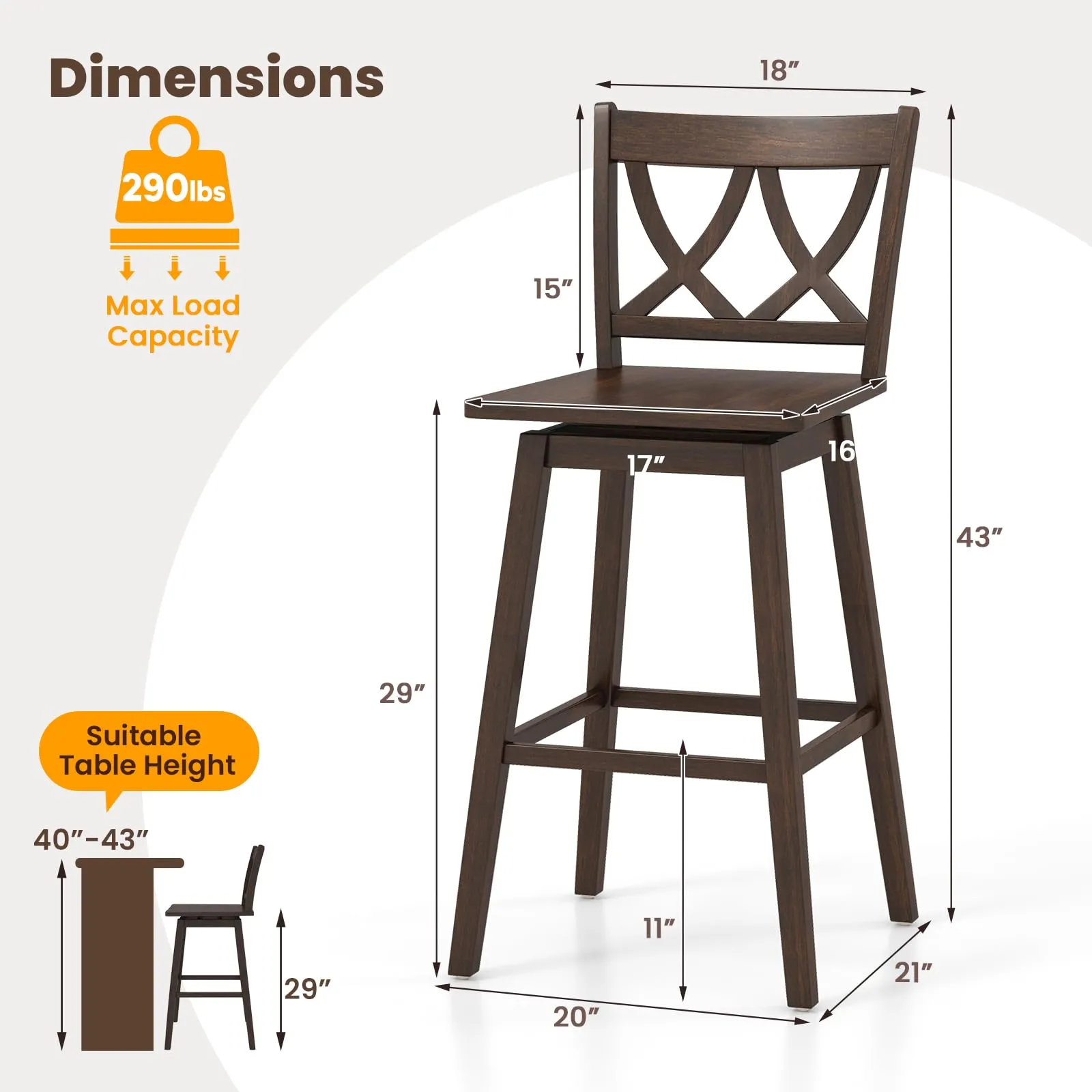 Giantex 29" Bar Stools Set of 2/4, Swivel Wooden Bar Chairs with Rubber Wood Frame, for Kitchen Island, Restaurant & Pub, Dark Grey