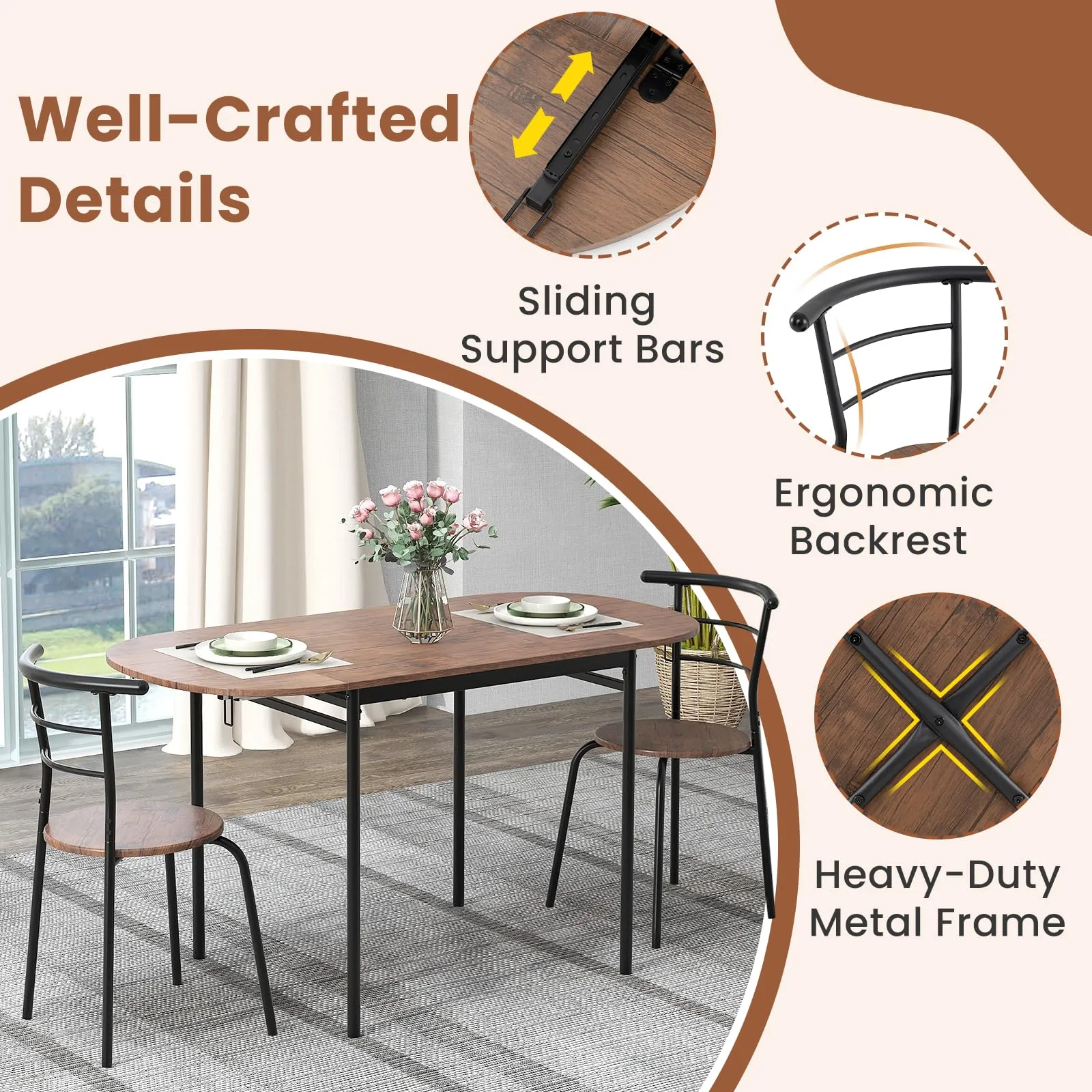 Giantex 3-Piece Dining Table Set for 2 - Kitchen Table Chair Set with 55 Drop Leaf Dinner Table, Dining Chairs