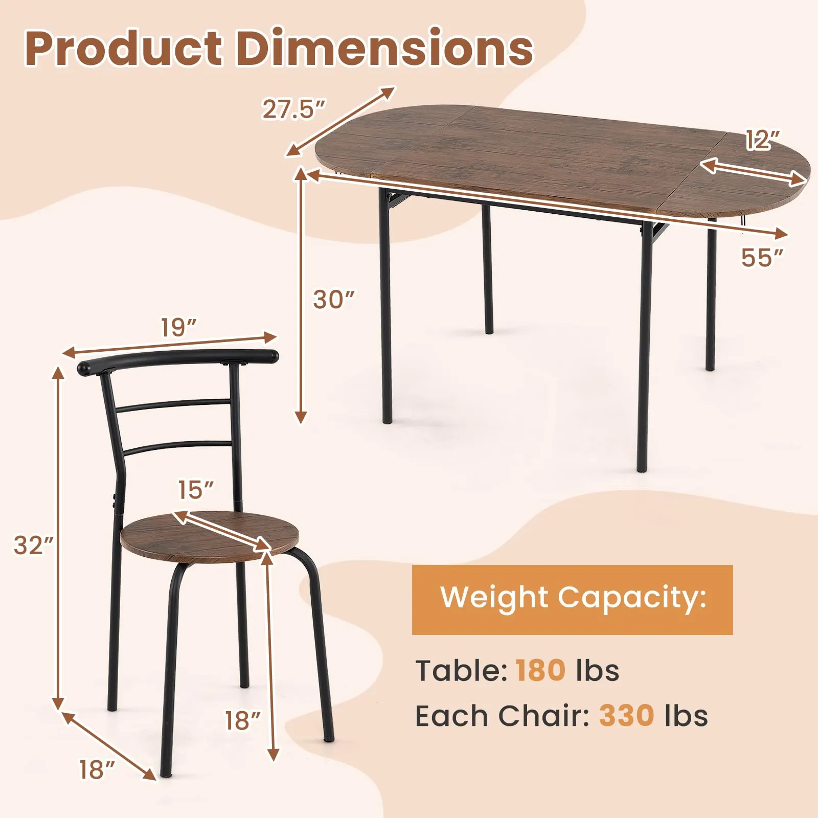 Giantex 3-Piece Dining Table Set for 2 - Kitchen Table Chair Set with 55 Drop Leaf Dinner Table, Dining Chairs