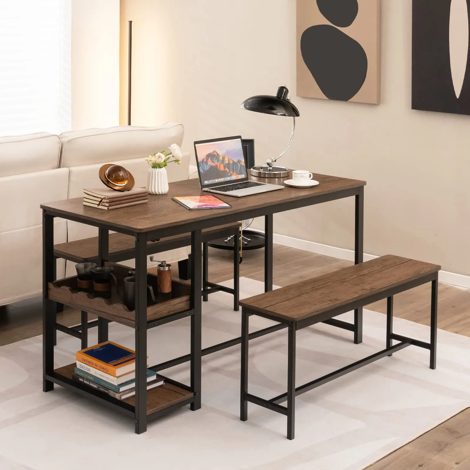 Giantex 3-Piece Dining Table Set for 4, Rustic Kitchen Dinner Table with 2 Benches