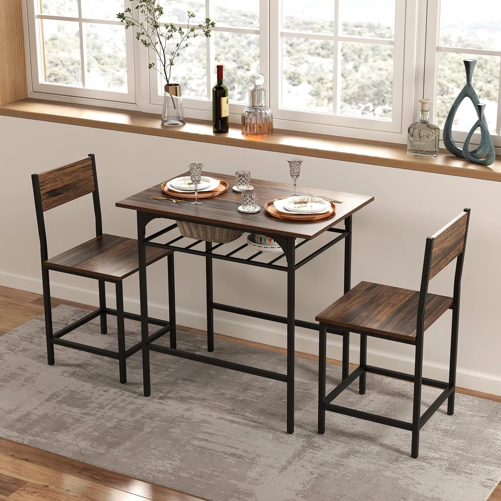 Giantex 3-Piece Dining Table Set with Wine Rack for 2 Small Space