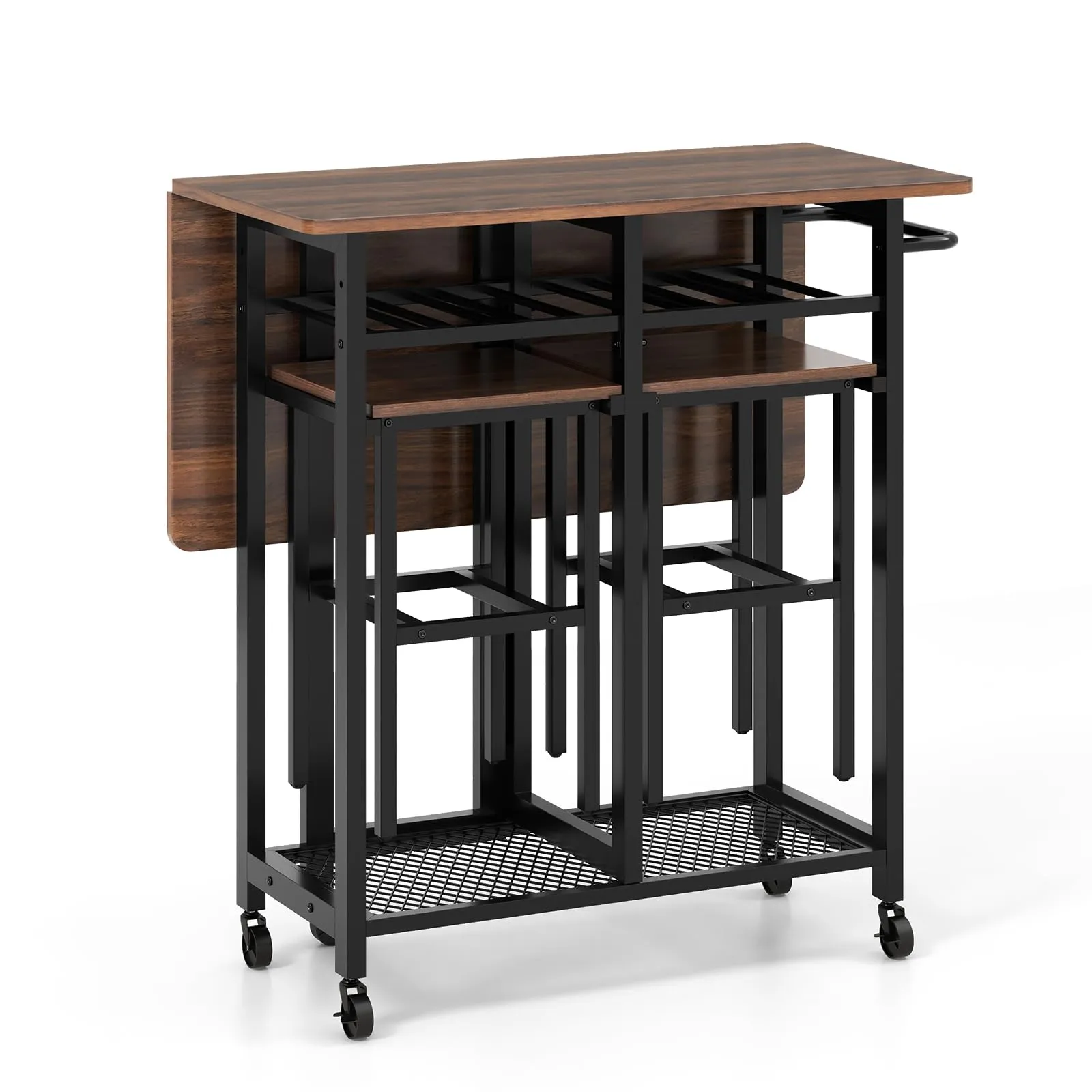 Giantex 3-Piece Foldable Dining Table Set, Extendable Dining Table & 2 Stools Set w/ 6-Bottle Wine Rack tablecloth, dining table