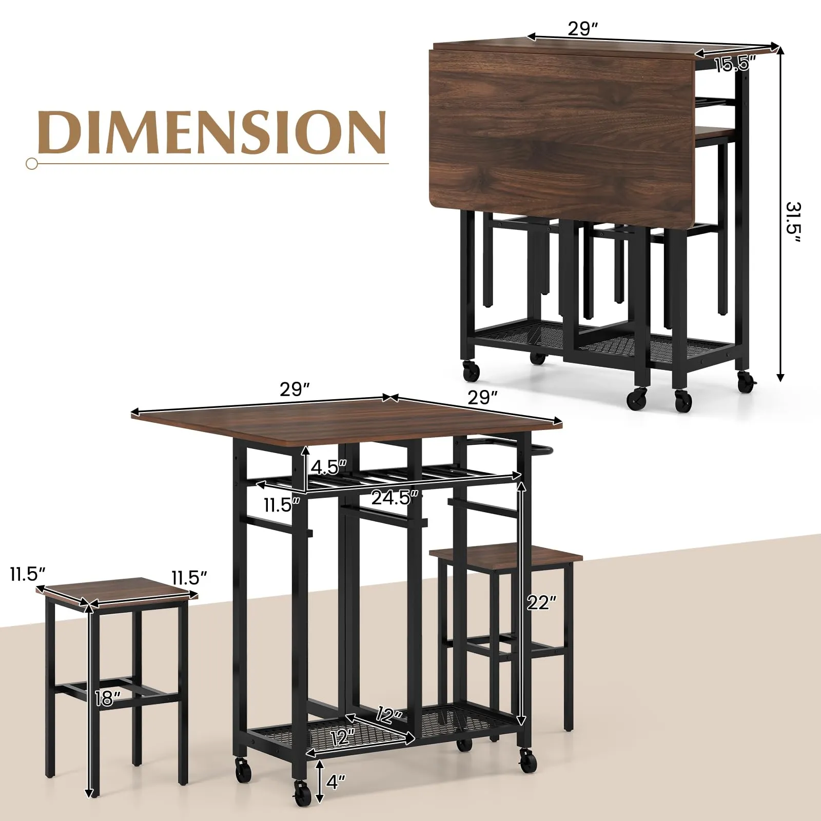Giantex 3-Piece Foldable Dining Table Set, Extendable Dining Table & 2 Stools Set w/ 6-Bottle Wine Rack