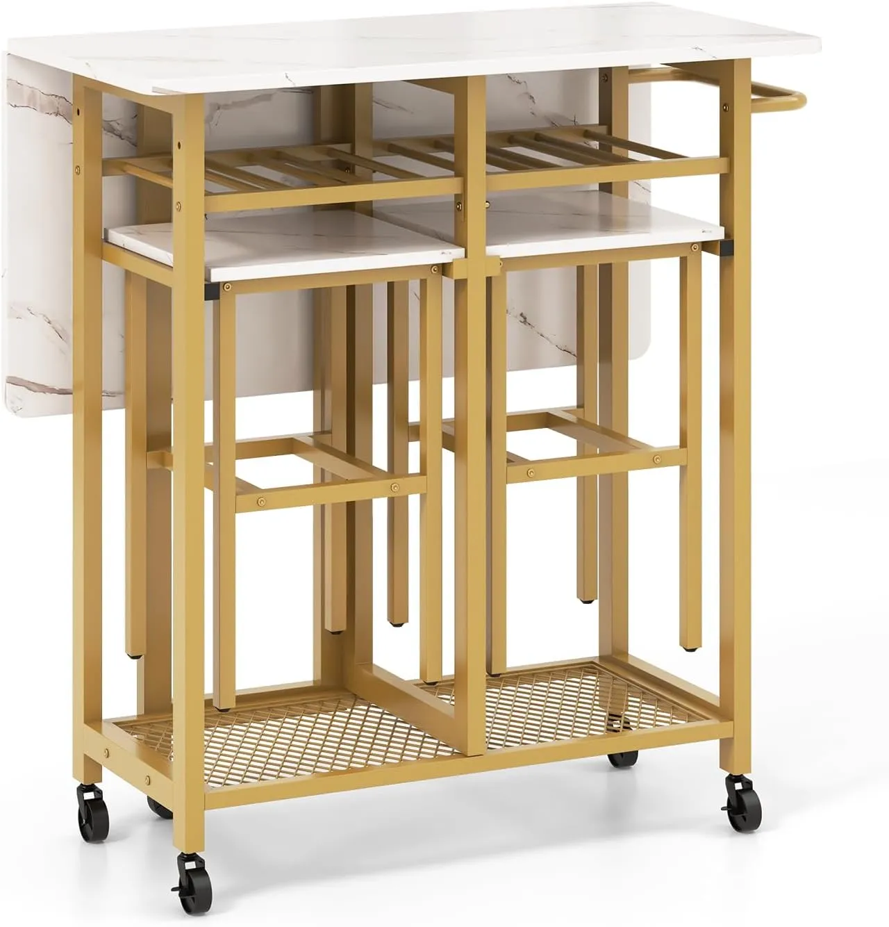 Giantex 3-Piece Foldable Dining Table Set, Extendable Dining Table & 2 Stools Set w/ 6-Bottle Wine Rack