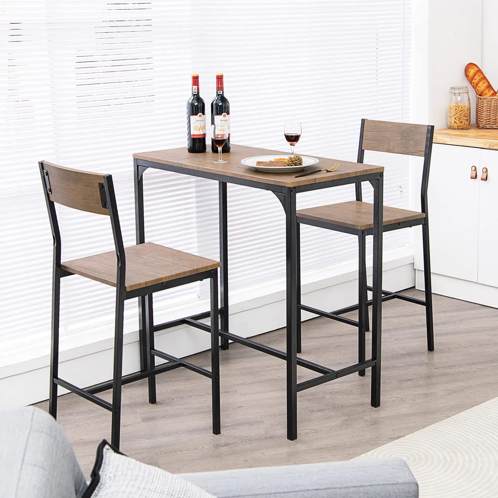 Giantex 3 Piece Pub Table Set, Bar Table and Chairs Set of 2, Rustic Brown