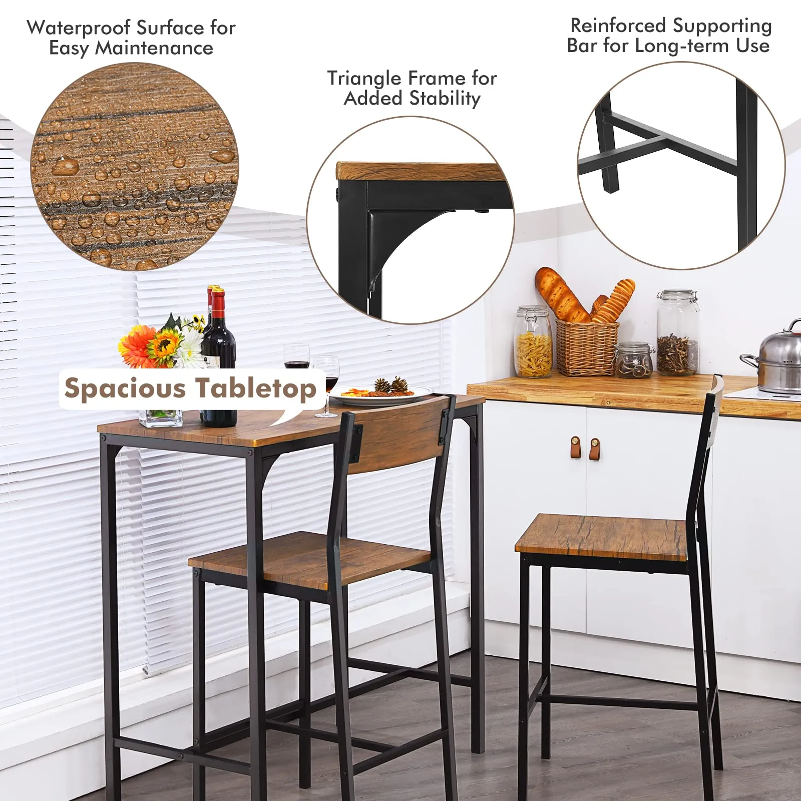 Giantex 3 Piece Pub Table Set, Bar Table and Chairs Set of 2, Rustic Brown