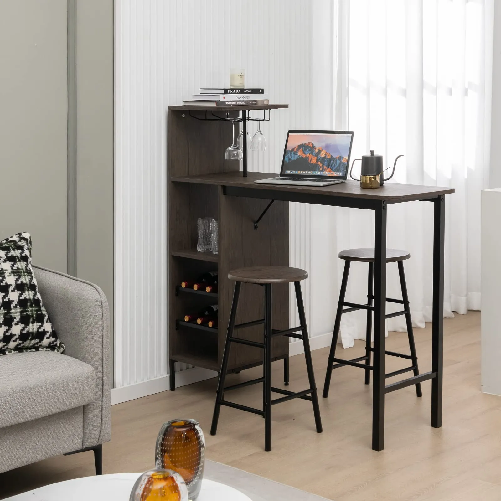 Giantex 3 Pieces Bar Table and Stools Set, Bistro Table Set with Glass Holder (Brown)