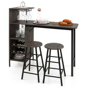 Giantex 3 Pieces Bar Table and Stools Set, Bistro Table Set with Glass Holder (Brown) tablecloth, dining table