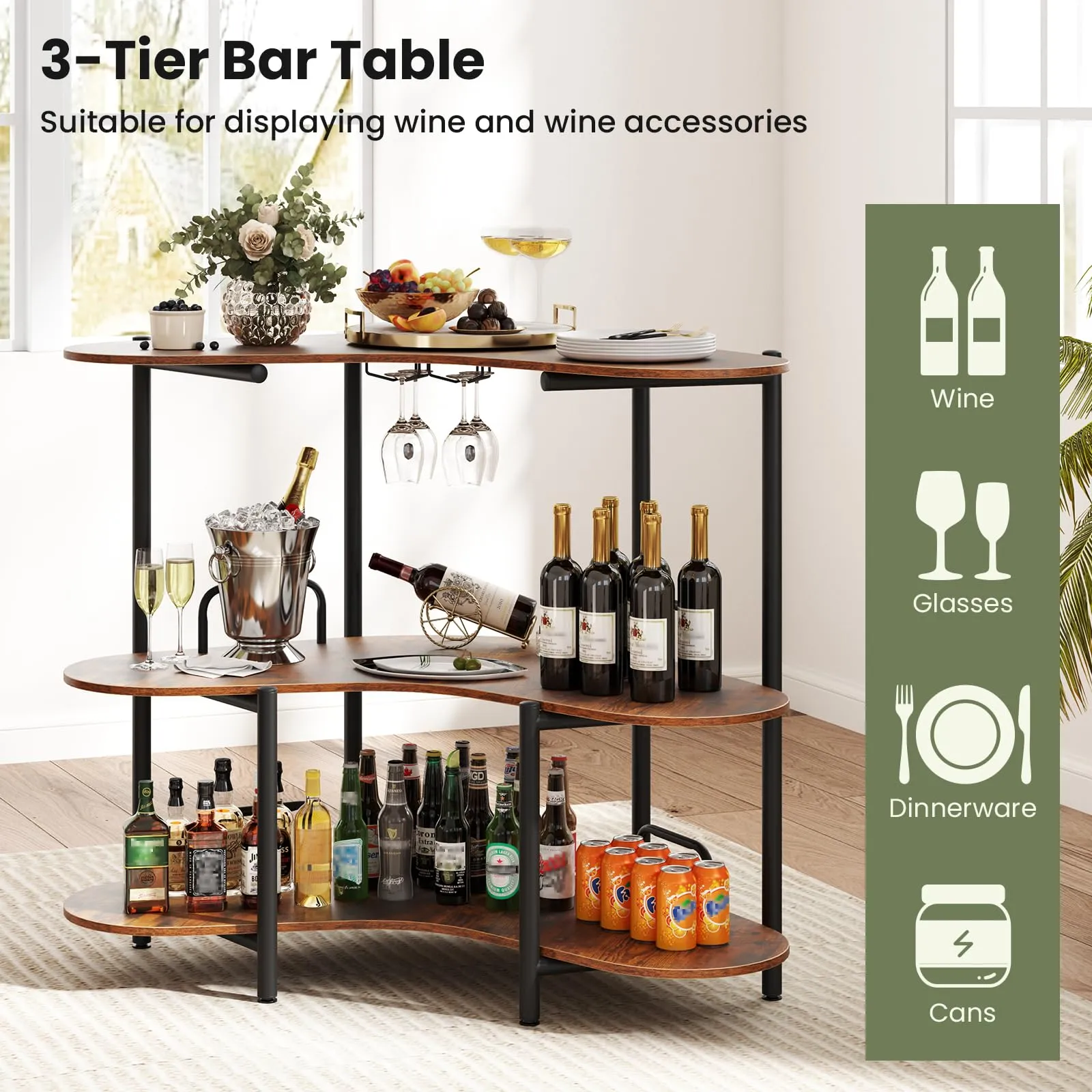 Giantex 3-Tier Bar Table, Corner Bar Cabinet, Liquor Home Bar Unit with Stemware Racks & Storage Shelves
