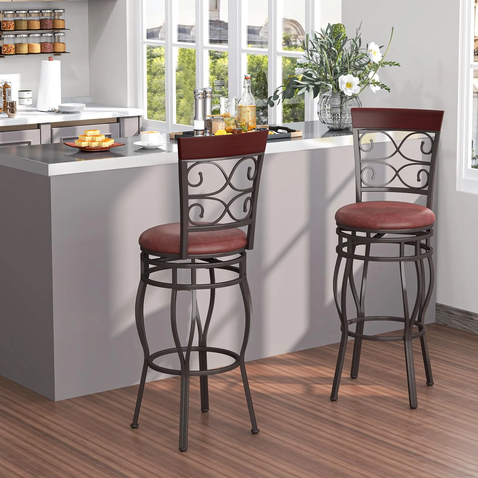 Giantex 30" Swivel Bar Stools Set of 2, Bar Height Bar Stools w/Back, Upholstered PU Leather Seat, Footrest, Rustic Brown