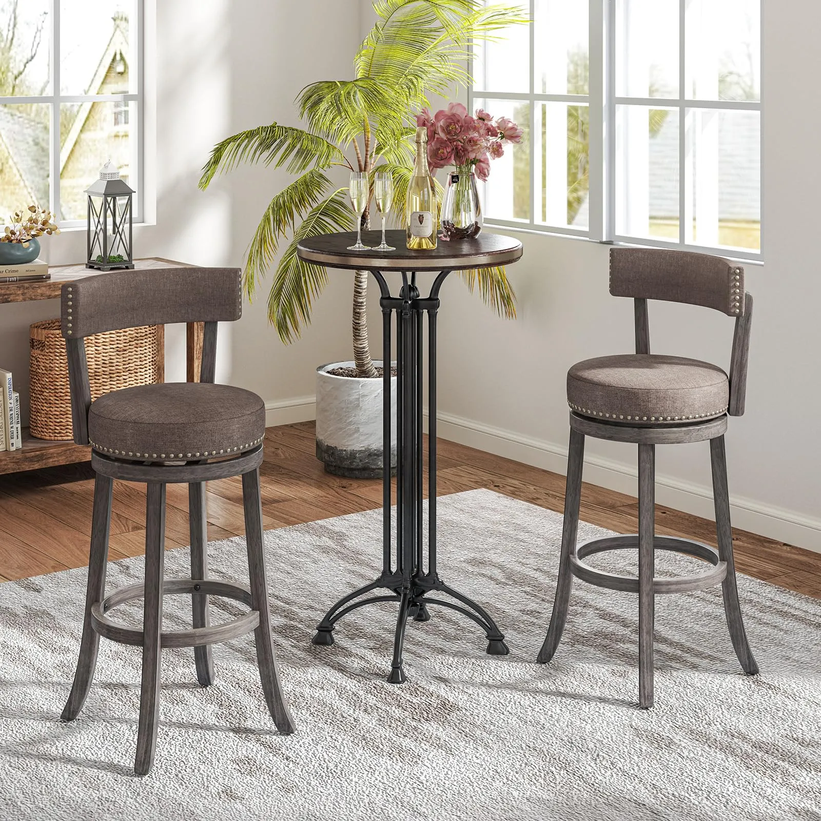 Giantex 31" Bar Stools Set, Swivel Bar Height Bar Chairs with Footrest, Rubber Wood Frame