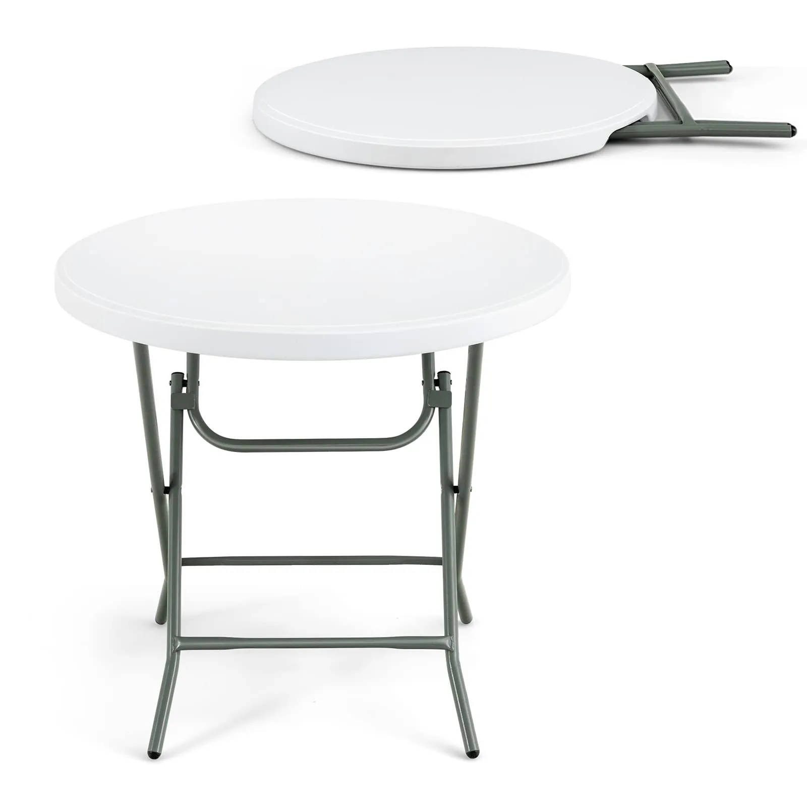 Giantex 32 Inches Round Folding Table, Portable Plastic Card Table with Thickened HDPE Tabletop and Sturdy Metal Frame, White