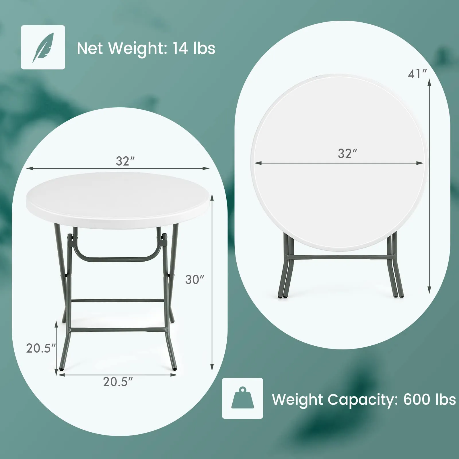 Giantex 32 Inches Round Folding Table, Portable Plastic Card Table with Thickened HDPE Tabletop and Sturdy Metal Frame, White