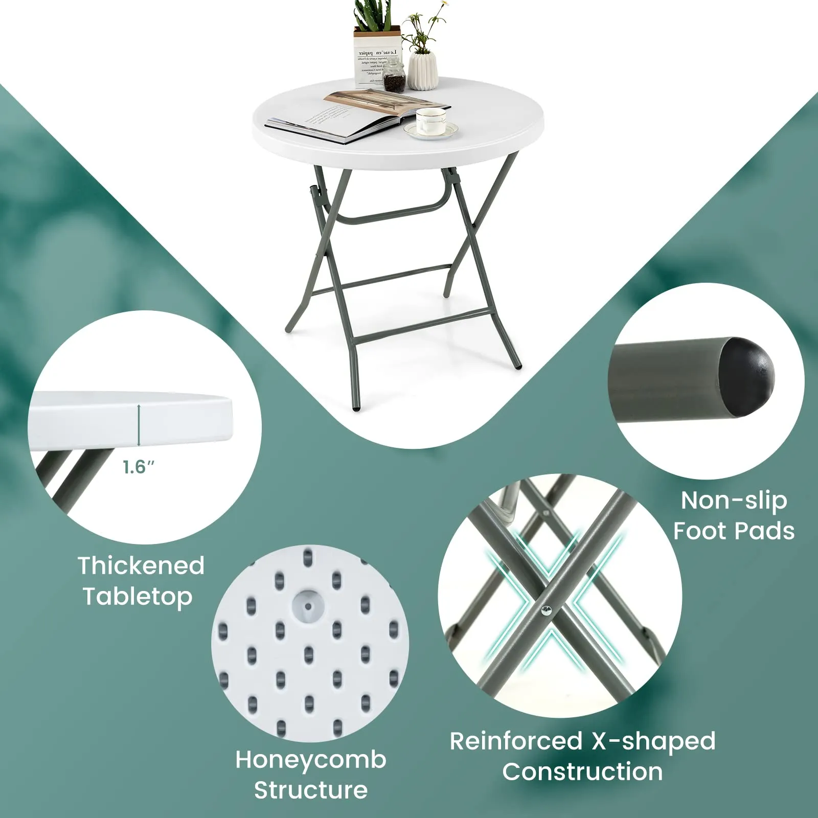 Giantex 32 Inches Round Folding Table, Portable Plastic Card Table with Thickened HDPE Tabletop and Sturdy Metal Frame, White