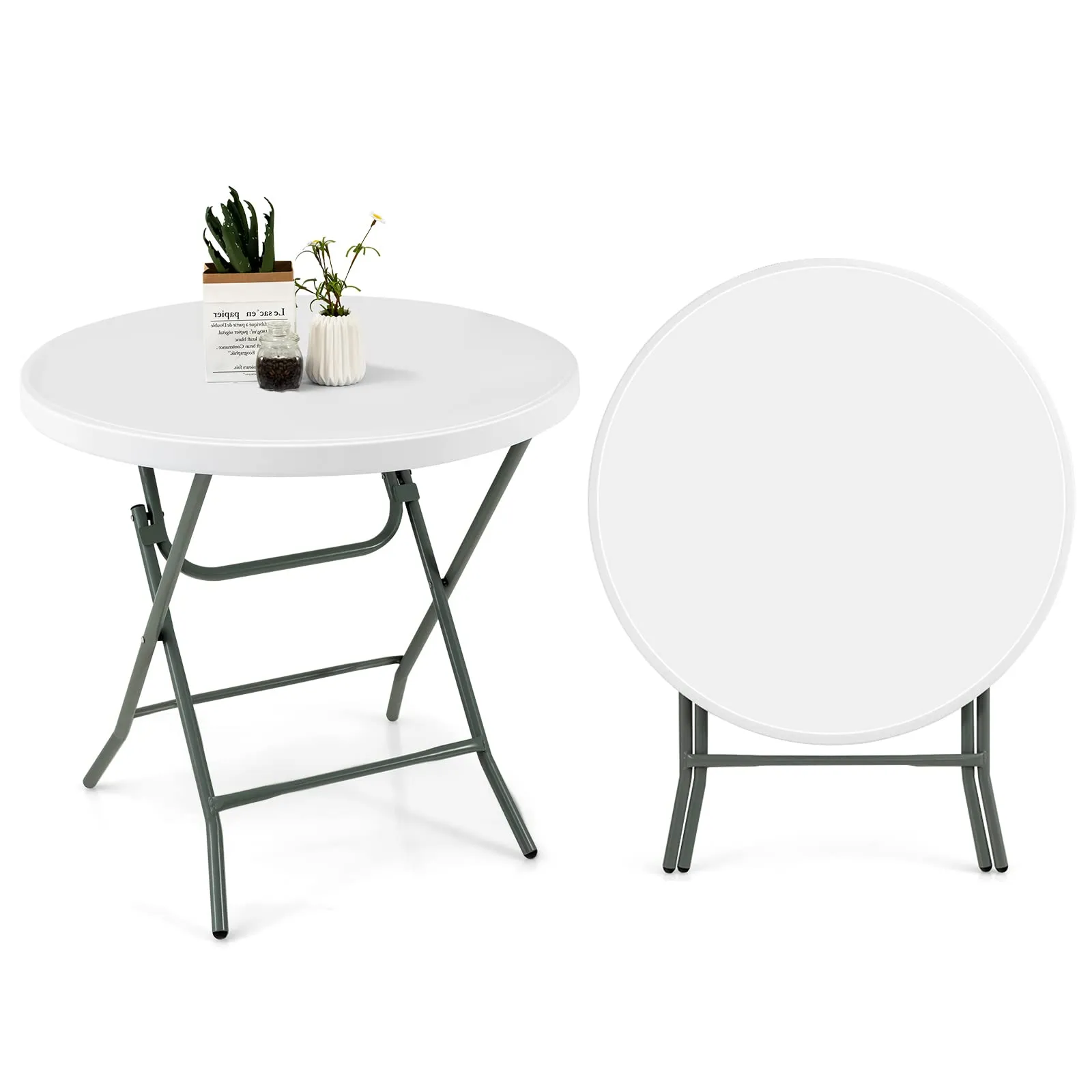 Giantex 32 Inches Round Folding Table, Portable Plastic Card Table with Thickened HDPE Tabletop and Sturdy Metal Frame, White farmhouse dining table, extendable dining table