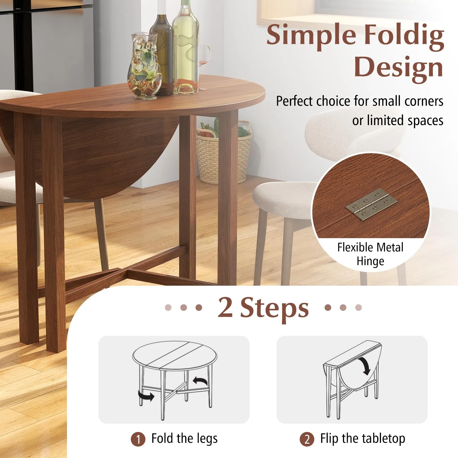 Giantex 35.5 Round Dining Table, Folding Kitchen Table for Small Spaces