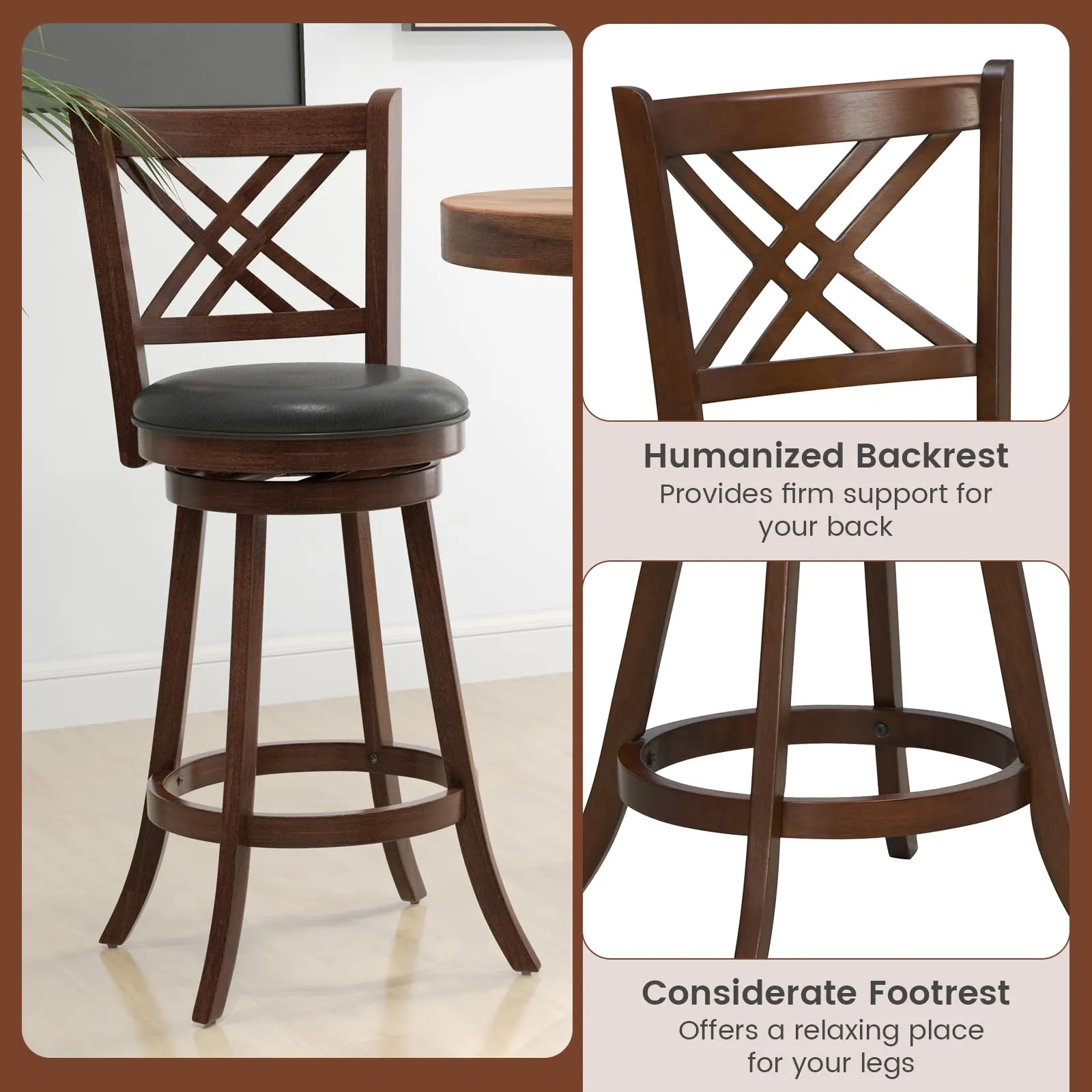Giantex 360 Swivel Barstools Set of 2, 29"/24" Bar Height Bar Chairs with Back & Footrest, Espresso
