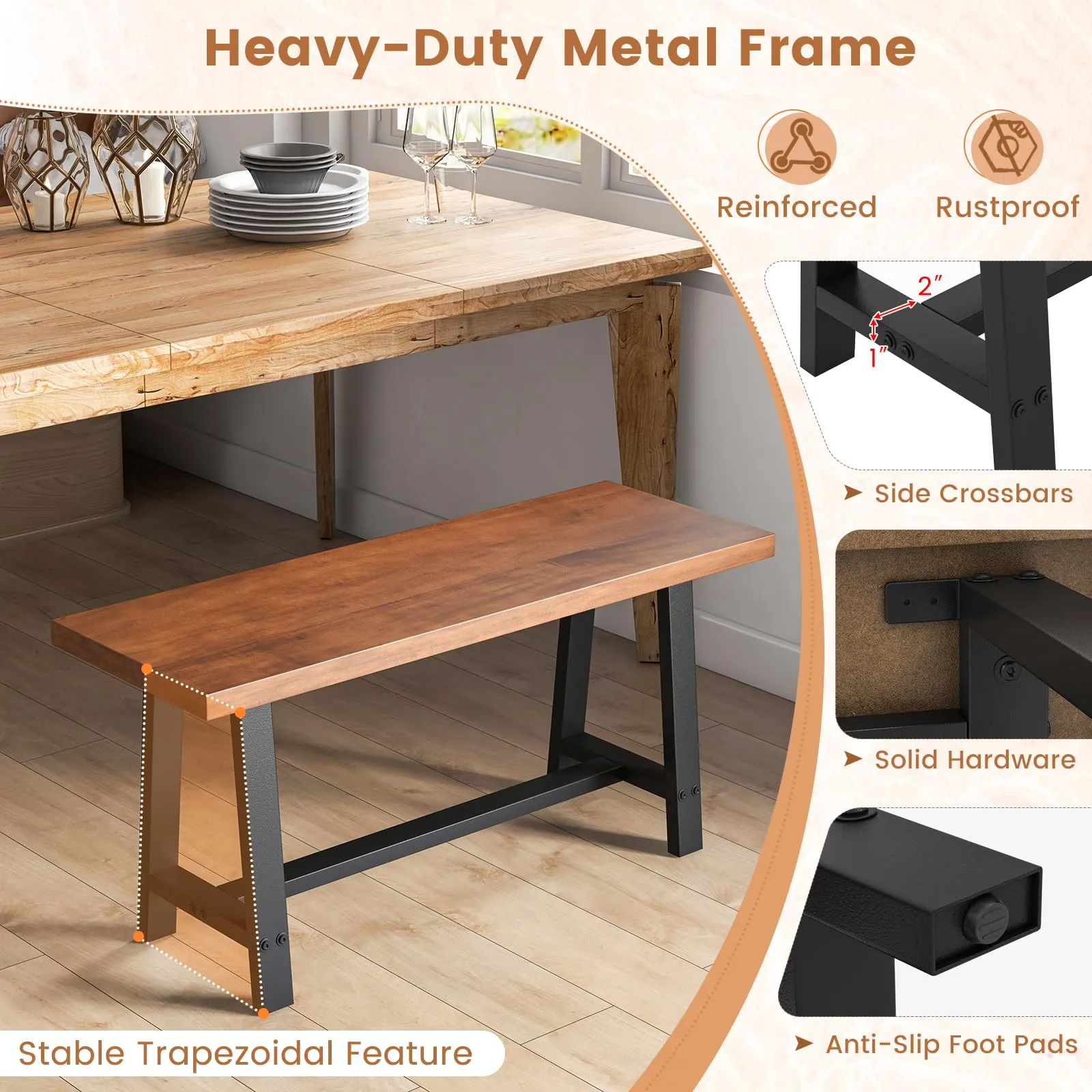 Giantex 40 Wood Dining Bench, 2 Person Entryway Shoe Bench with Metal Frame, Rectangular End of Bed Bench