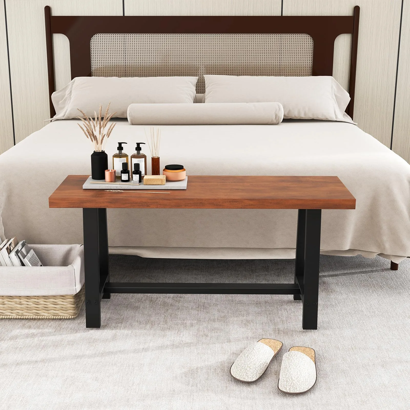 Giantex 40 Wood Dining Bench, 2 Person Entryway Shoe Bench with Metal Frame, Rectangular End of Bed Bench
