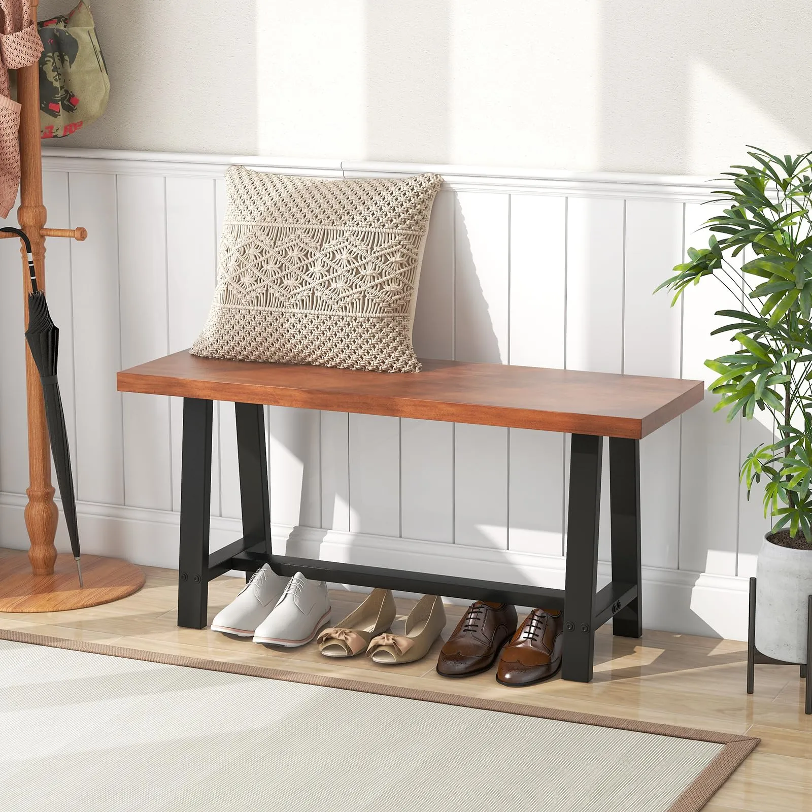 Giantex 40 Wood Dining Bench, 2 Person Entryway Shoe Bench with Metal Frame, Rectangular End of Bed Bench