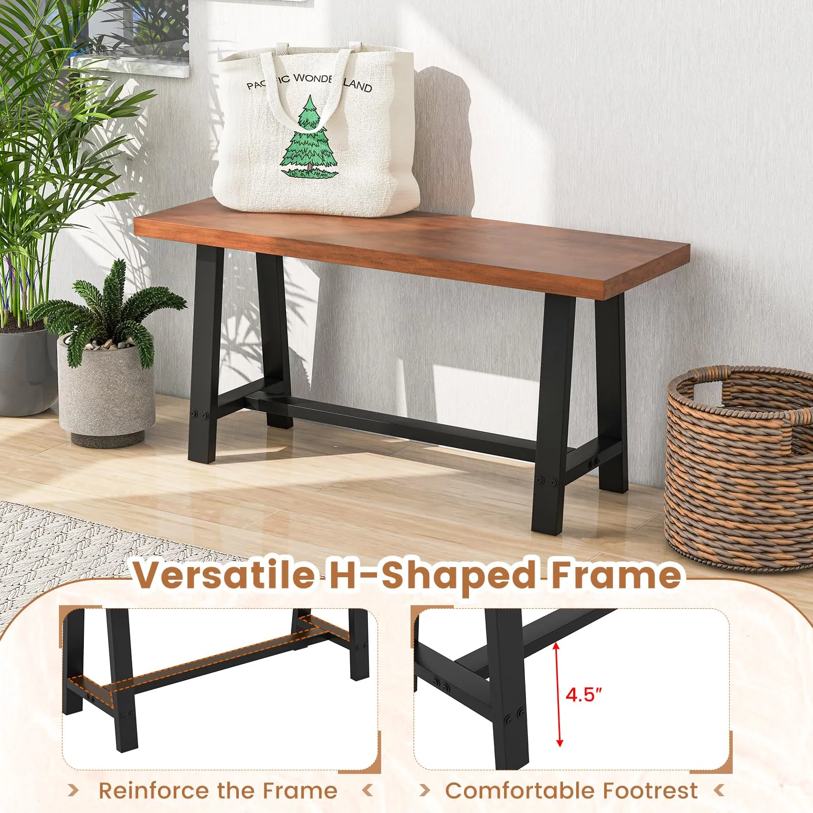 Giantex 40 Wood Dining Bench, 2 Person Entryway Shoe Bench with Metal Frame, Rectangular End of Bed Bench