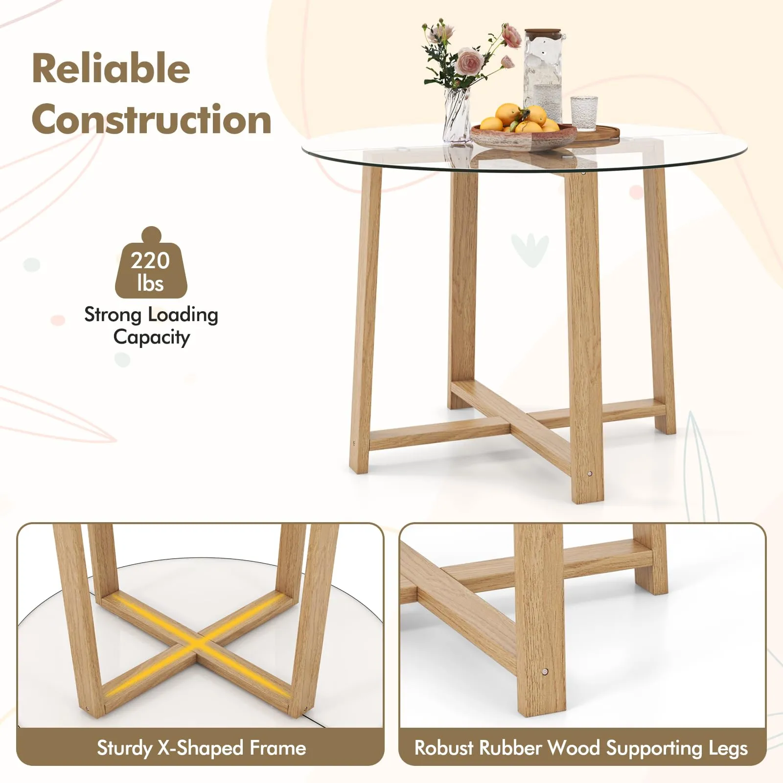 Giantex 42 Round Dining Table for 4, Kitchen Table with 0.3 Tempered Glass Tabletop, Rubber Wood Legs