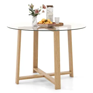 Giantex 42 Round Dining Table for 4, Kitchen Table with 0.3 Tempered Glass Tabletop, Rubber Wood Legs farmhouse dining table, extendable dining table