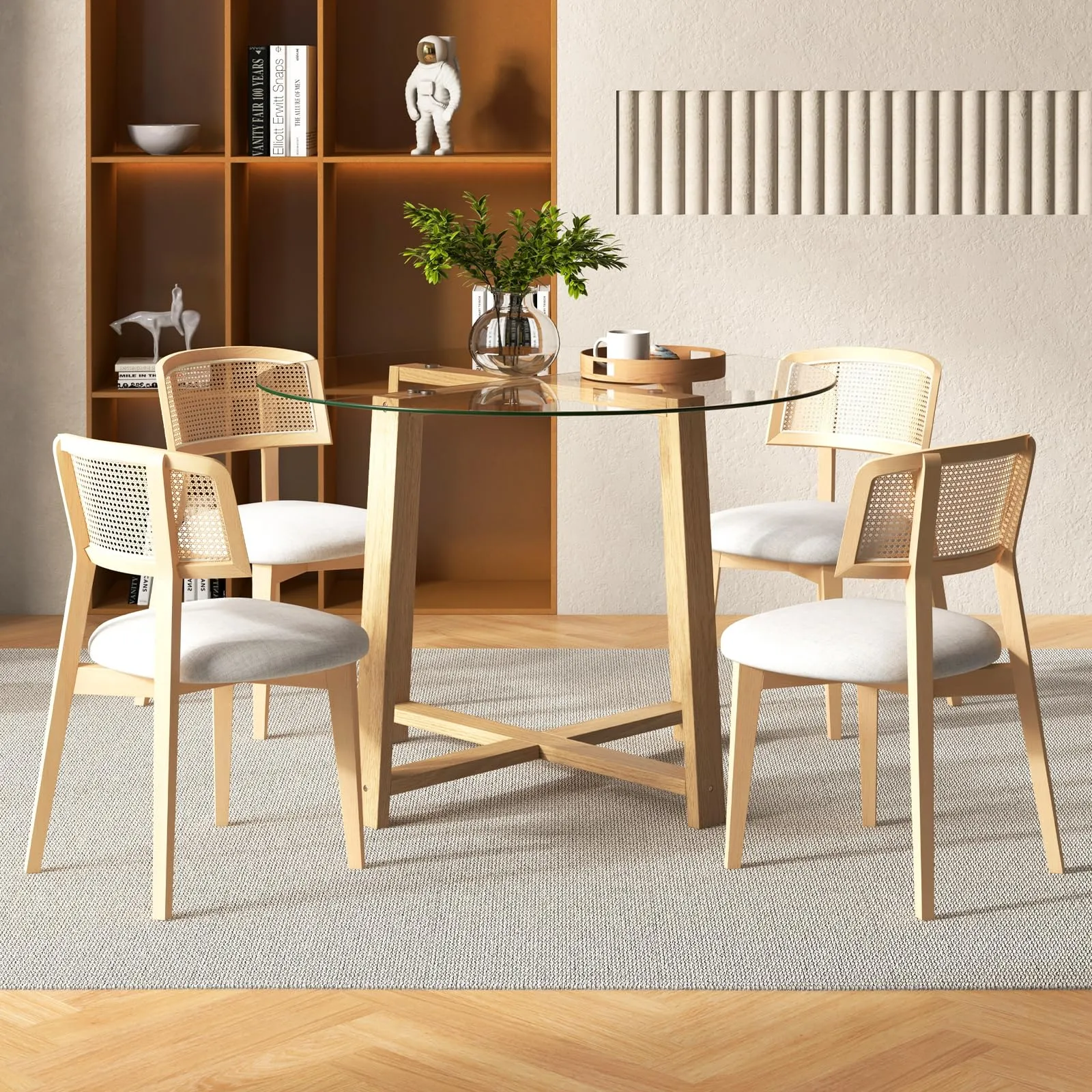 Giantex 42 Round Dining Table for 4, Kitchen Table with 0.3 Tempered Glass Tabletop, Rubber Wood Legs