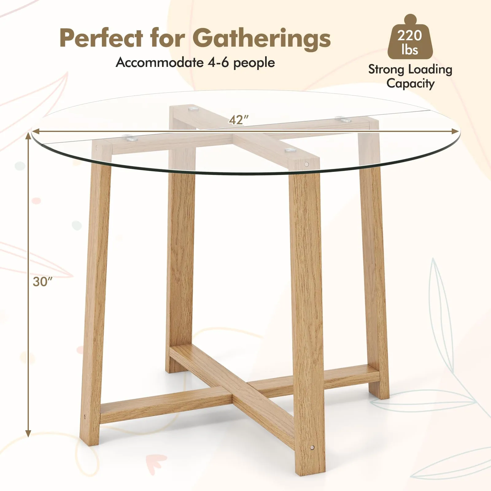 Giantex 42 Round Dining Table for 4, Kitchen Table with 0.3 Tempered Glass Tabletop, Rubber Wood Legs