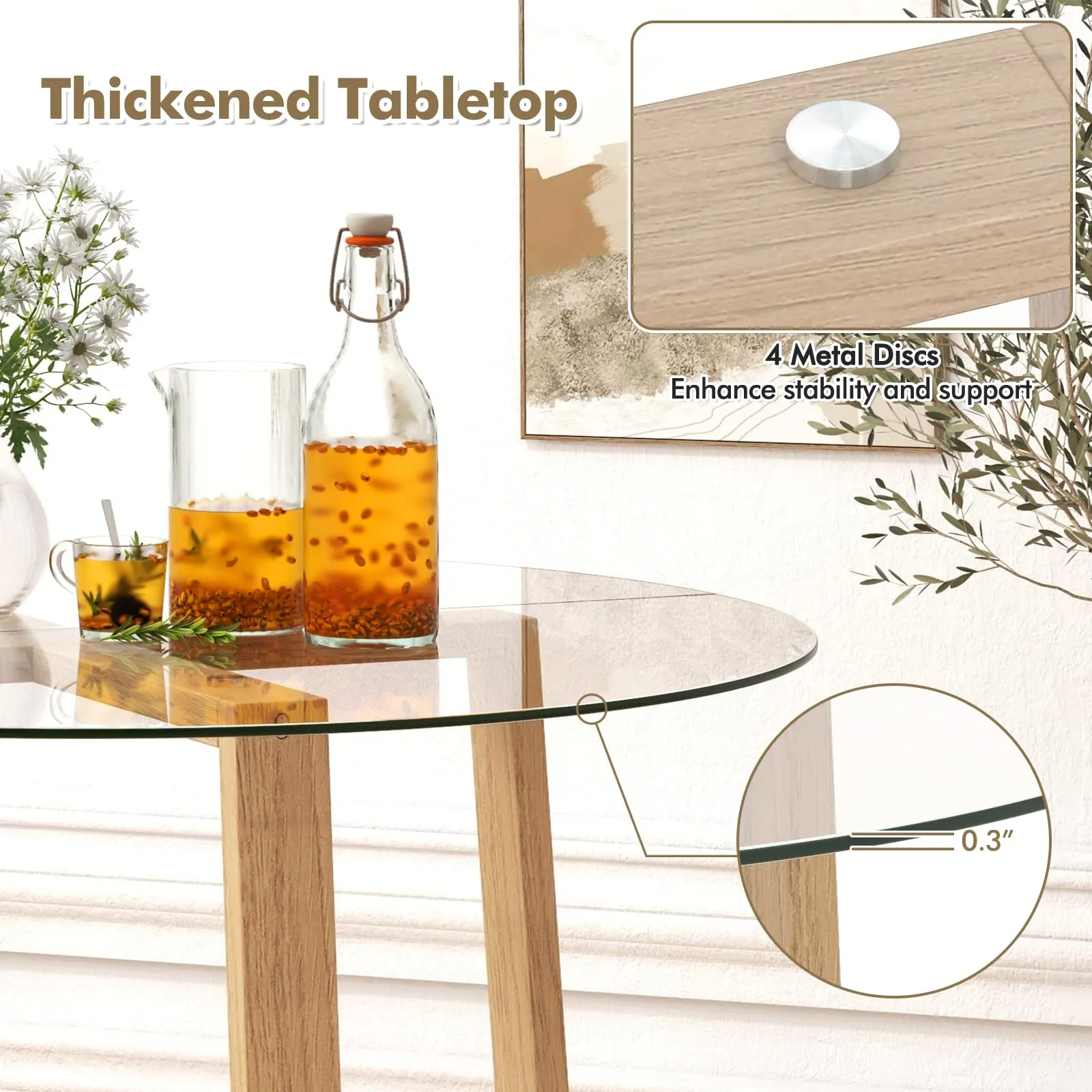 Giantex 42 Round Dining Table for 4, Kitchen Table with 0.3 Tempered Glass Tabletop, Rubber Wood Legs