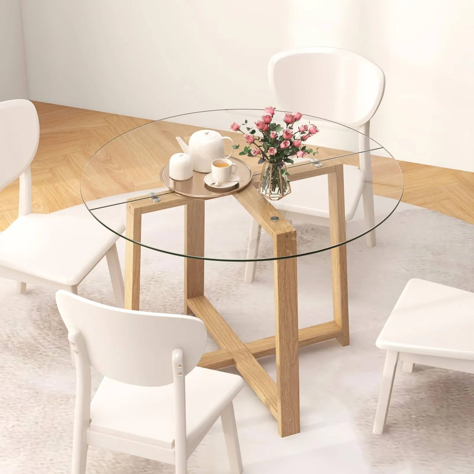 Giantex 42 Round Dining Table for 4, Kitchen Table with 0.3 Tempered Glass Tabletop, Rubber Wood Legs