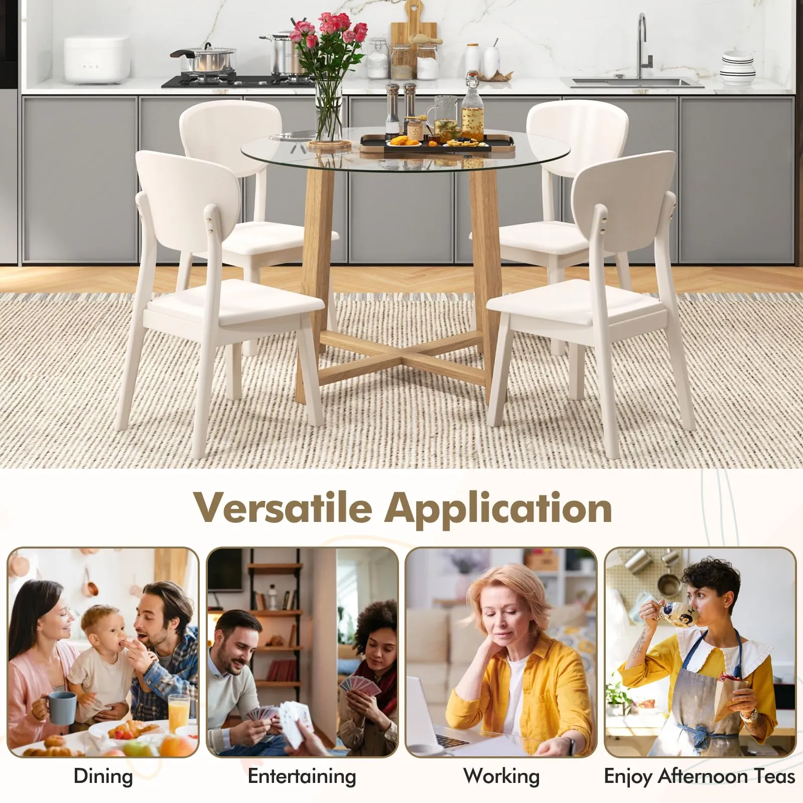 Giantex 42 Round Dining Table for 4, Kitchen Table with 0.3 Tempered Glass Tabletop, Rubber Wood Legs